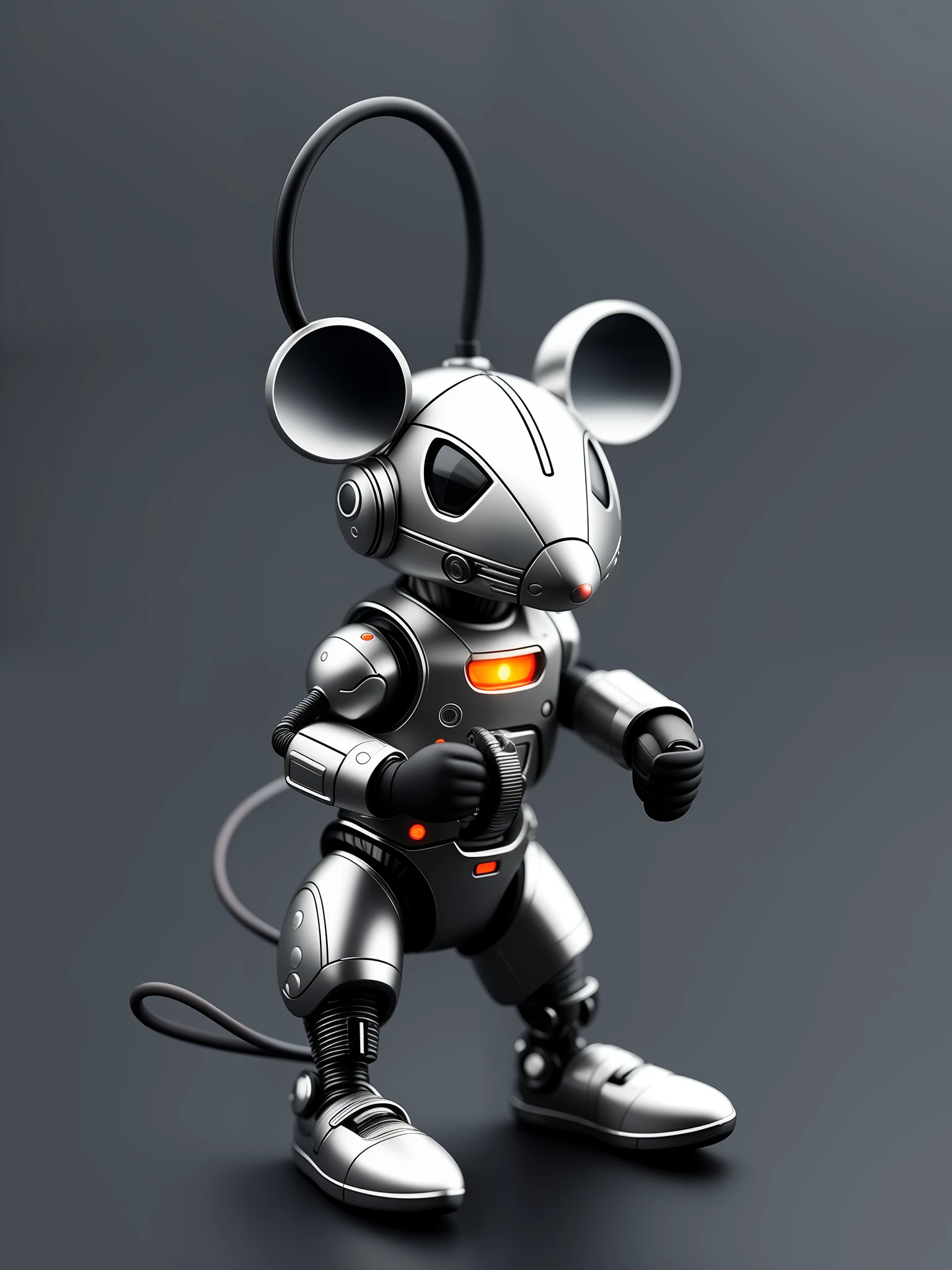 1 cute mouse made of glossy metal, (cyborg:1.1), ([wire]:1.3), (intricate detail), hdr, (intricate detail, hyperdetail:1.2), cinematic shot, center, sturdy leg, wireless, space background,