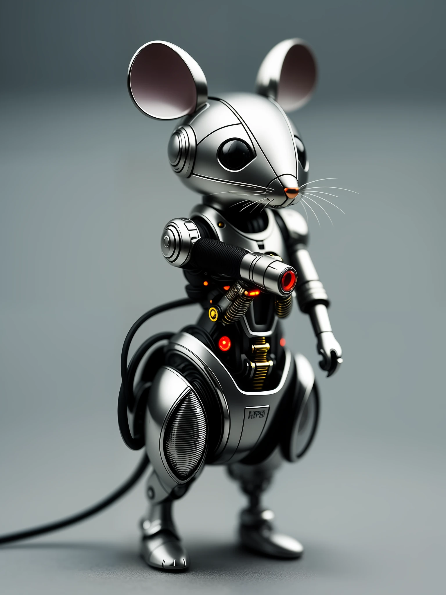 1 cute mouse made of glossy metal, (cyborg:1.1), ([wire]:1.3), (intricate detail), hdr, (intricate detail, hyperdetail:1.2), cinematic shot, center, sturdy legs, no tail,