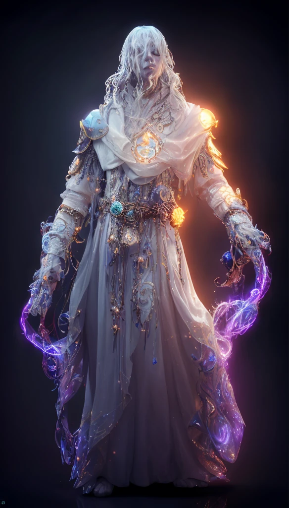 arafed image of a man dressed in a costume with a glowing halo, hyperdetailed fantasy character, fantasy character octane render, clothed in ethereal armor, 3 d render of a shaman, complex fantasy character, fantasy style 8 k octane render, flowing magical robe, (octane render) fantasy style, ghostly necromancer, 3 d render character art 8 k
