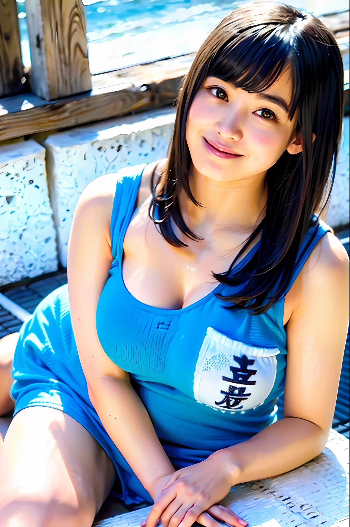 realistic,realistic,beautiful japanese girl,huge breasts,curvey,tanktop,thong,sea side,blue sky,smile,pose,looking at viewer