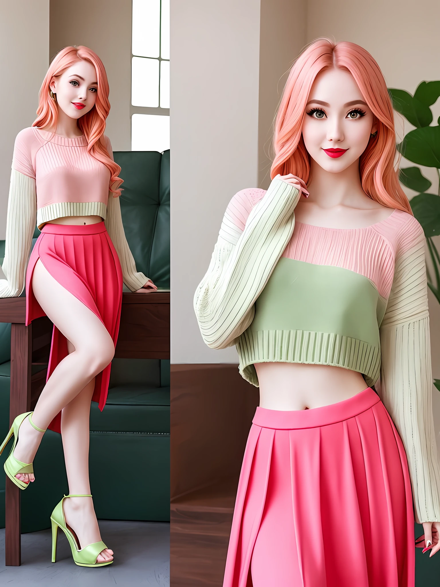 many lotus and a pretty, slim, happy girl, cute green eyes, attractive red lips, peachy pink hair color,wearing sweater crop top+long skirt, high heel