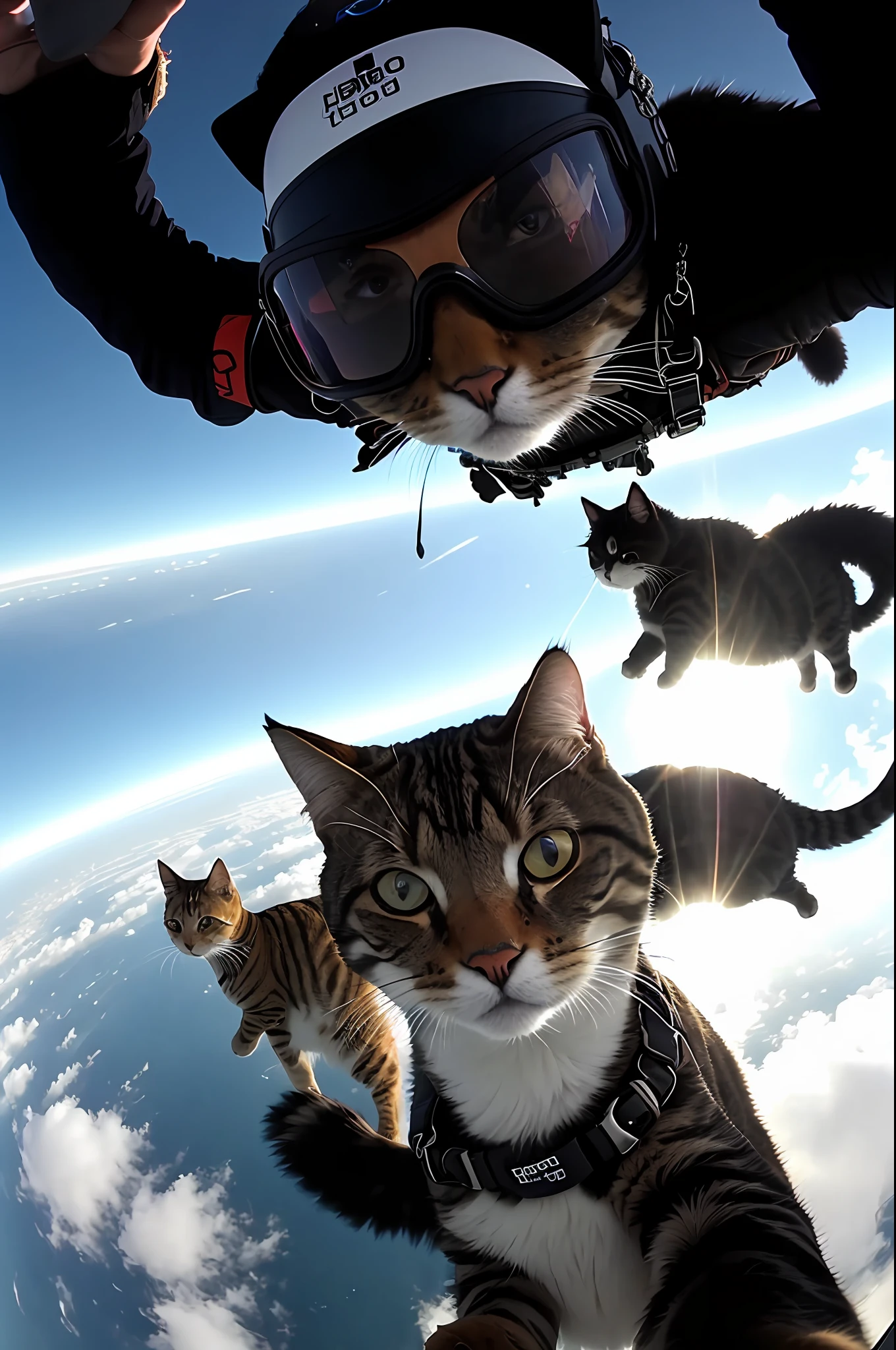 gopro footage of a group of badass cat skydiving, look at a camera, soft volumetric lights,
