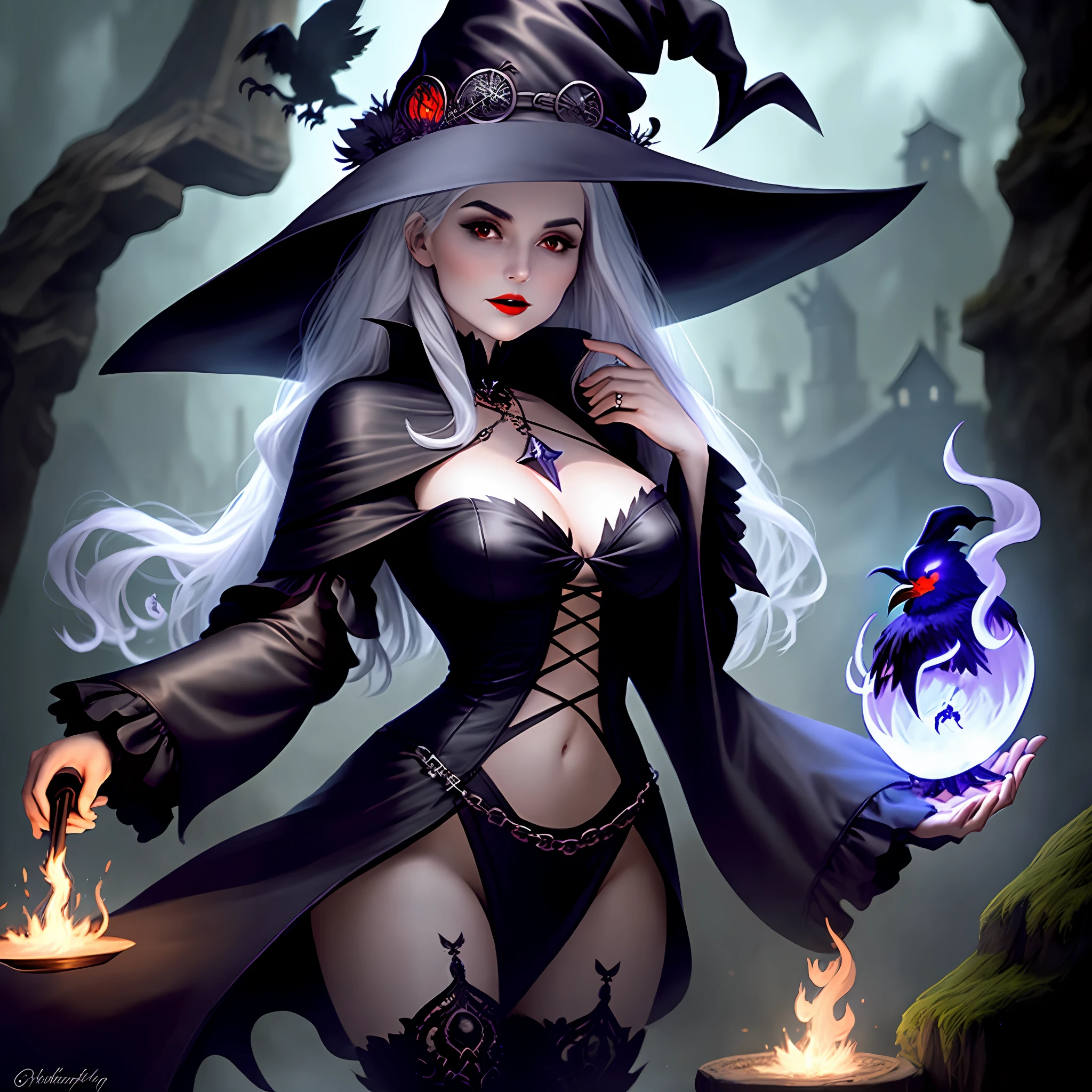 Hot witch holding a ghostly crow