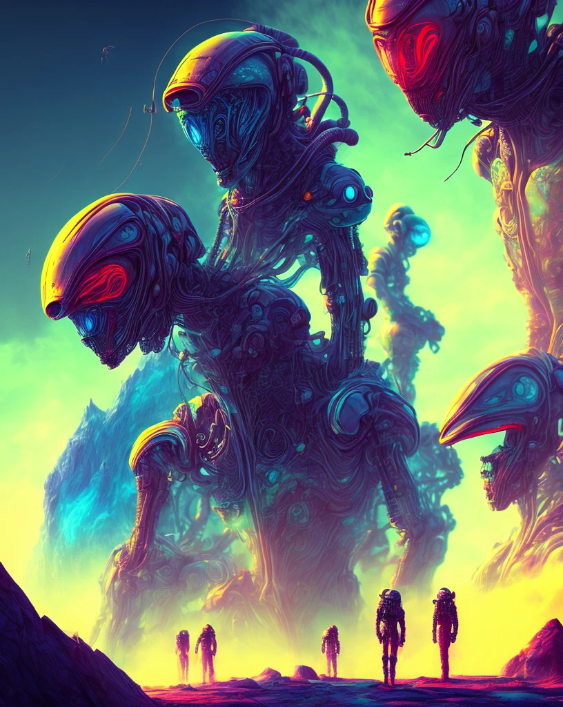 humans in techsuits,alien world,alien monsters,alien landscape,bright colors,mist,backlight