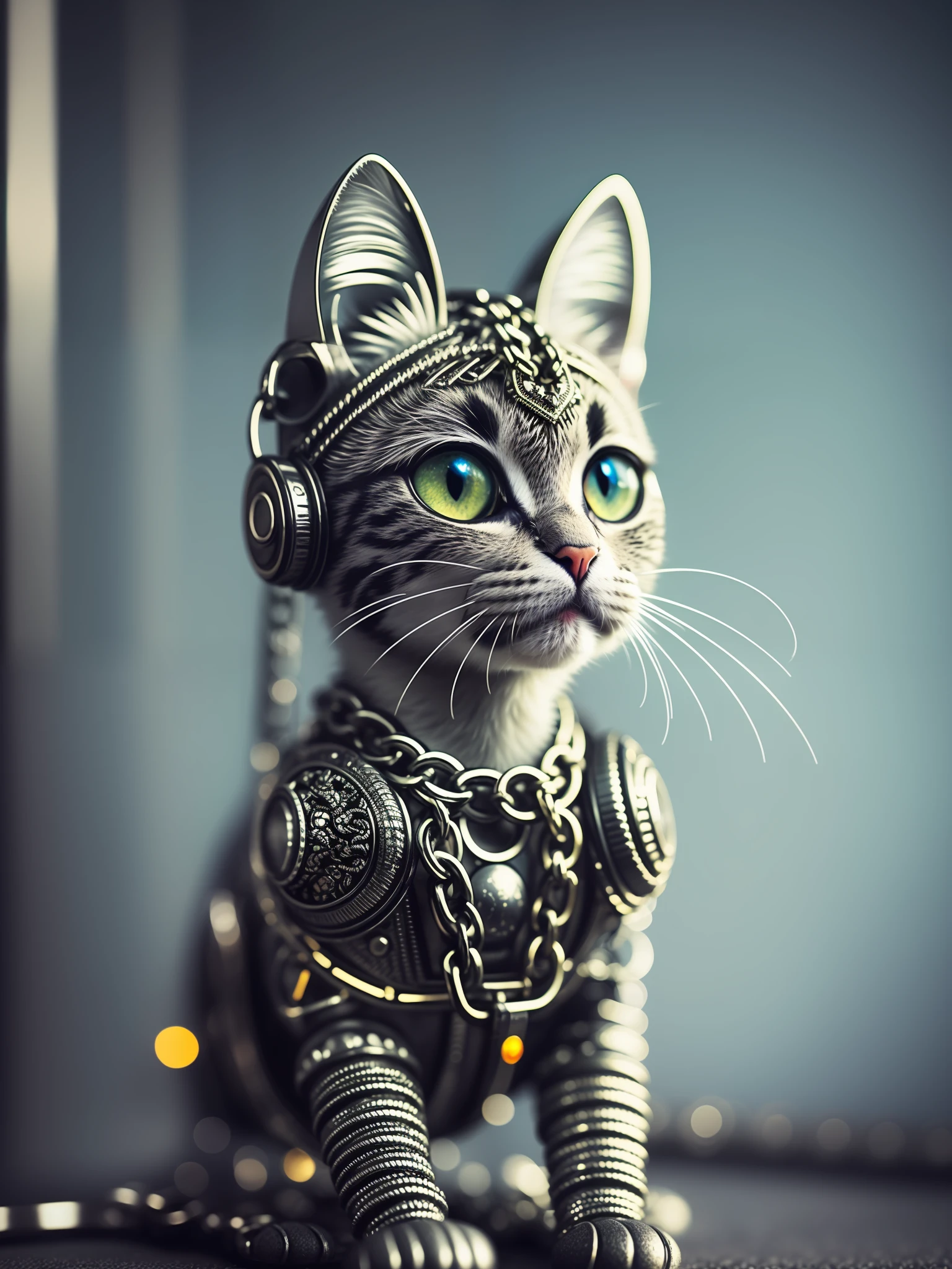 1 cute kitten made of metal, (cyborg:1.1), ([tail | chain]:1.3), (intricate detail), hdr, (intricate detail, hyperdetail:1.2), cinematic shot, vignette, center, only 1head,