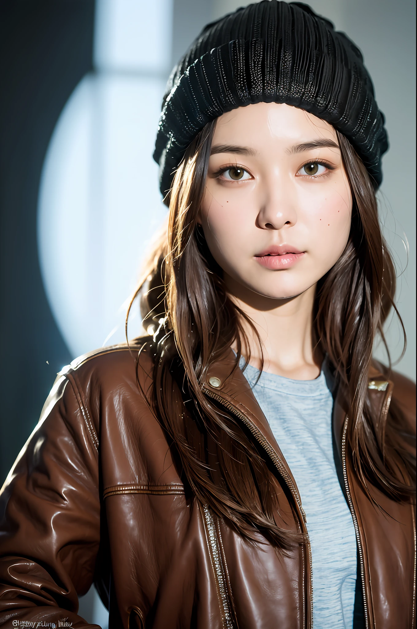 (
(8k:1.27), best quality, masterpiece, ultra highres:1.2) Photo of Pretty Burmese woman
(beautiful:1.1) (sci-fi warrior woman:1.1) space soldier, (beanie:1.61) (leather jacket:1.21) intricate elegant, fantasy, detailed, ometric by greg rutkowski and alphonse mucha, gradient lighting