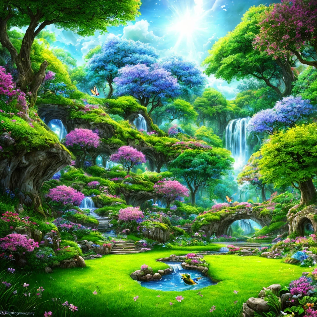 masterpiece, extremely detailed CG unity 8k wallpaper, masterpiece, best quality, high quality, extremely detailed CG unity 8k wallpaper, An extremely colorful and purely fantasy environment with vibrant hues and a bright sky, landscape of bright green grass, colorful trees, glittering fruits, and bright blue flowers. The streams are a deep shade of blue, and the air is filled with sweet exotic scents. The environment appears to be taken out of a dream, with luminescent butterflies and giant colorful birds flying around, award winning photography, Bokeh, Depth of Field, HDR, bloom, Chromatic Aberration ,Photorealistic,extremely detailed, trending on artstation, trending on CGsociety, Intricate, High Detail, dramatic, art by midjourney, ((intricate details)), hdr, ((intricate details, hyperdetailed))