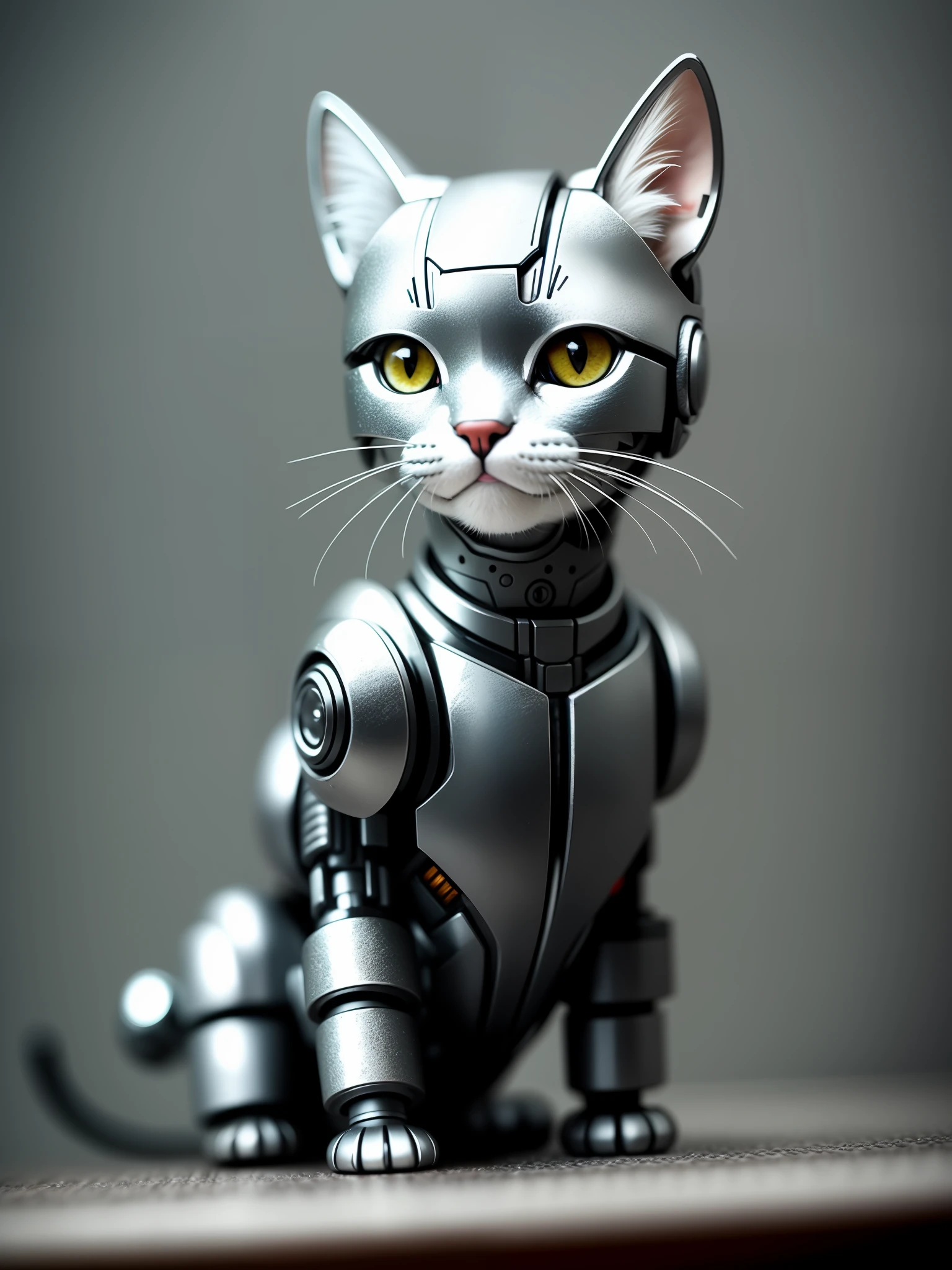 1 cute kitten made of metal, (cyborg: 1.1), ([tail | steel rope]: 1.3), (intricate detail), hdr, (intricate detail, hyperdetail: 1.2), cinematic shot, vignette, center, only 1head, no extra head,