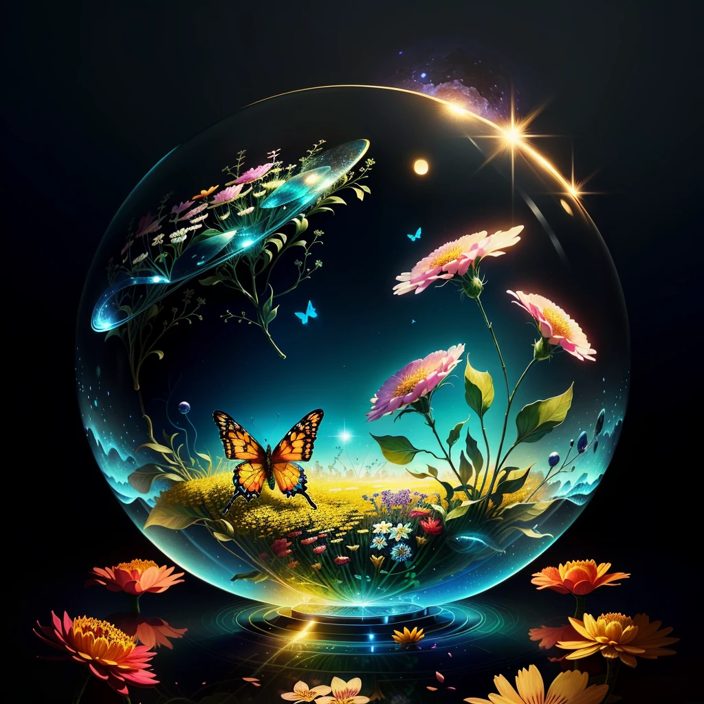 there is a glass ball with a picture of a butterfly and flowers inside, a beautiful artwork illustration, very beautiful digital art, beautiful digital artwork, graphic of enchanted terrarium, beautiful digital art, 4k highly detailed digital art, highly detailed illustration, digital art. highly detailed, surrealistic digital artwork, high detailed illustration, beautiful detailed illustration, moon light fish eye illustrator