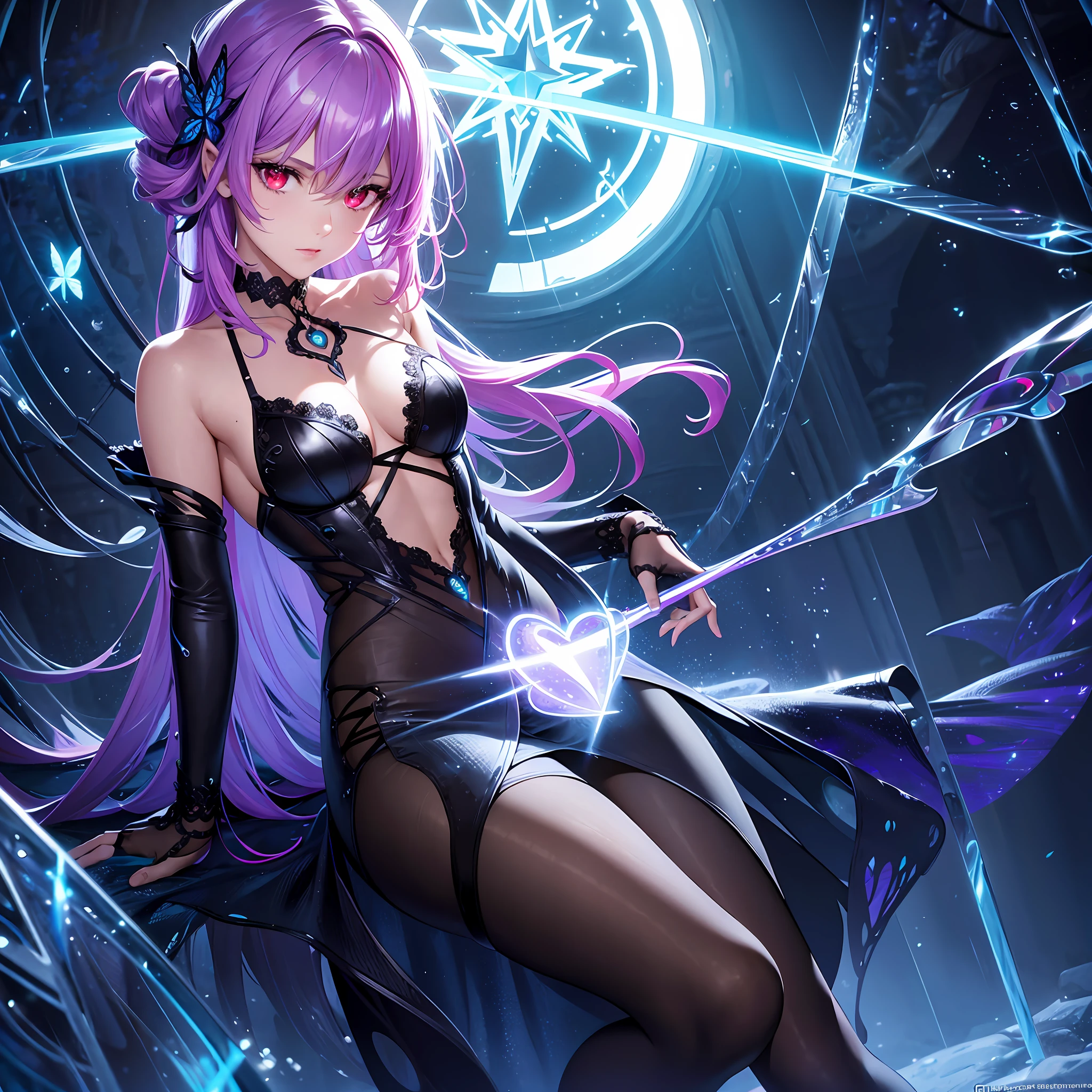 illustration, cinematic light, highres, highest quallity, ultra detailed, detailed face, (detailed eyes), best quality, hyper detailed, masterpiece, (detailed face), clean face, sexy mature woman wears transparent (torn) cloths, floating cloth, see through, choker, open cloths, nsfw, high heels, red eyes, neon tiny glowing hair ends, dark fantasy forest, glowing plants with neon details, dark magic sword, (portal:1.15) to the underworld in the background, light reflection, heart shaped iris, playful eyes, open shoulder, rain, (wet body), tiny glowing butterfly, hair jewery