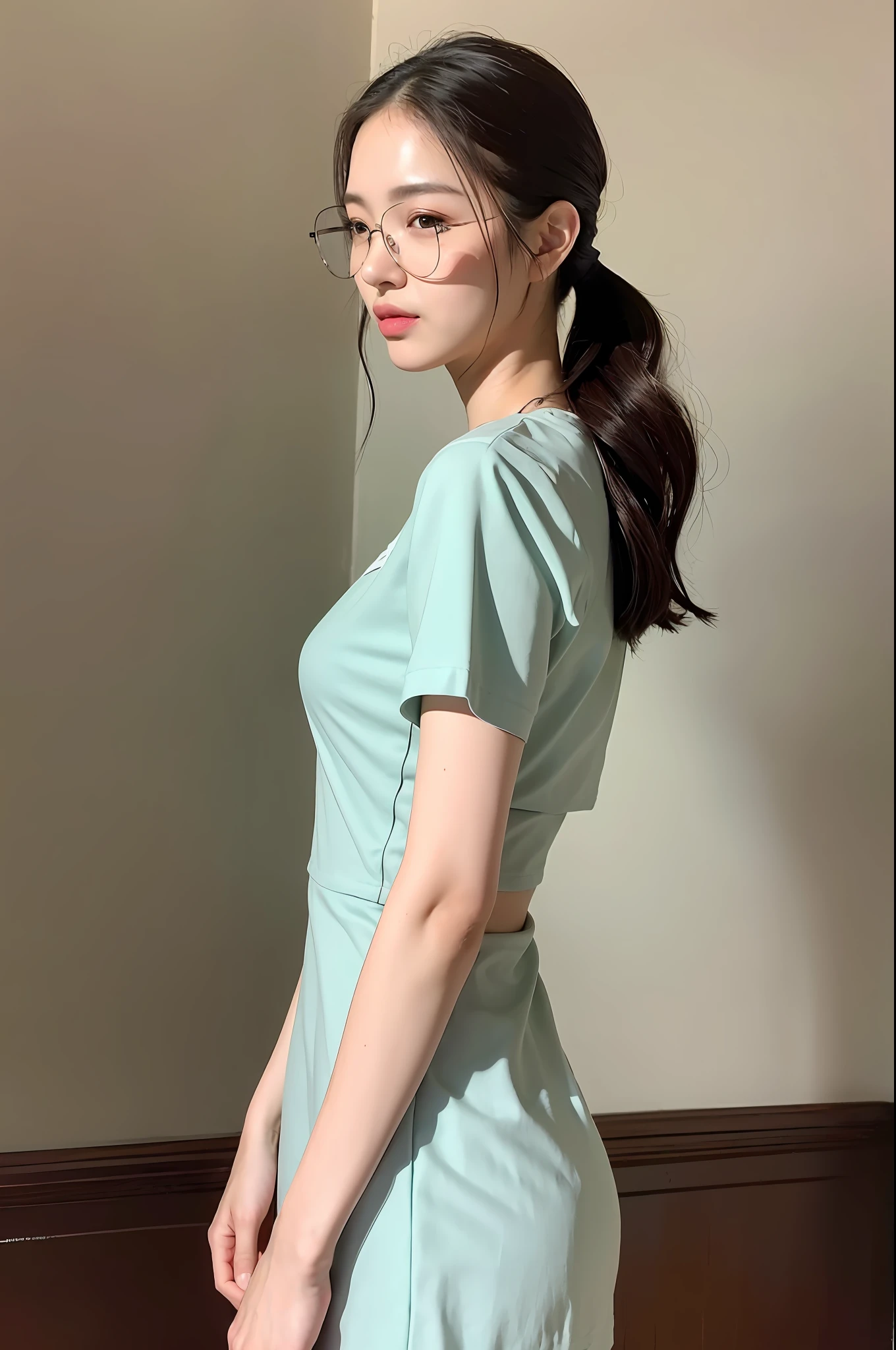 ((Best quality, 8k, Masterpiece :1.3)), 1girl, side shot :1.2, beautiful burmses women with slender abs: 1.3, (casual hairstyle, big breasts: 1.2), nurses dress,circle eye glass,indoor, super detailed face, detailed eyes, double eyelids, whole body