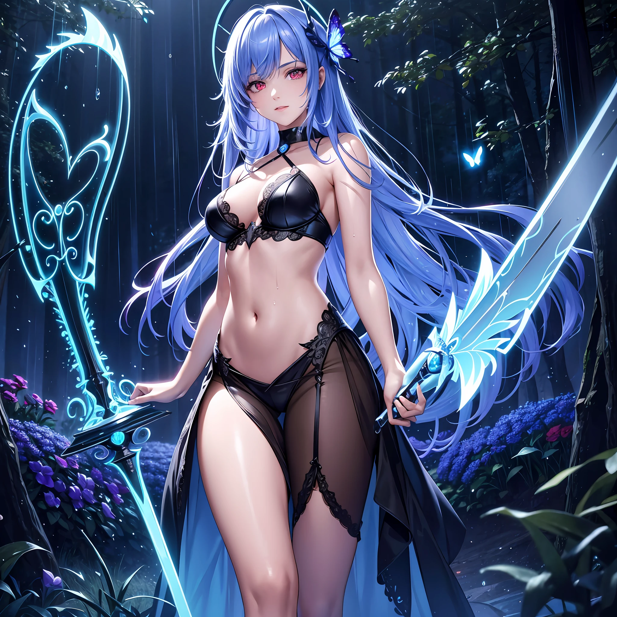 illustration, cinematic light, highres, highest quallity, ultra detailed, detailed face, (detailed eyes), best quality, hyper detailed, masterpiece, (detailed face), clean face, sexy mature woman wears transparent (torn) cloths, floating cloth, see through, choker, open cloths, nsfw, high heels, red eyes, neon tiny glowing hair ends, dark fantasy forest, glowing plants with neon details, dark magic sword, (portal:1.15) to the underworld in the background, light reflection, heart shaped iris, playful eyes, open shoulder, rain, (wet body), tiny glowing butterfly, hair jewery