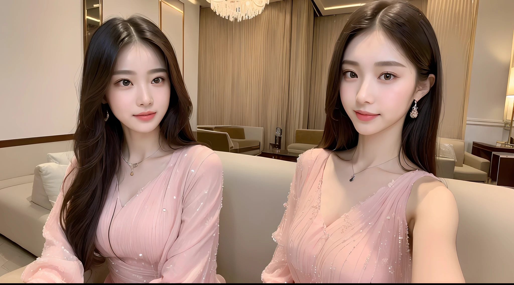 ((Best Quality, 8K, Masterpiece:1.3)), Focus:1.2, Perfect Body Beauty:1.4, ((Delicate Long Hair)), (Pink Ruili Clothes:1.1) ,(Hotel Lobby, 2 women on sofa, highly detailed face and skin texture, Fine eyes, Double eyelids, medium breasts, whitened skin, smile, wearing necklace, delicate clothes,
