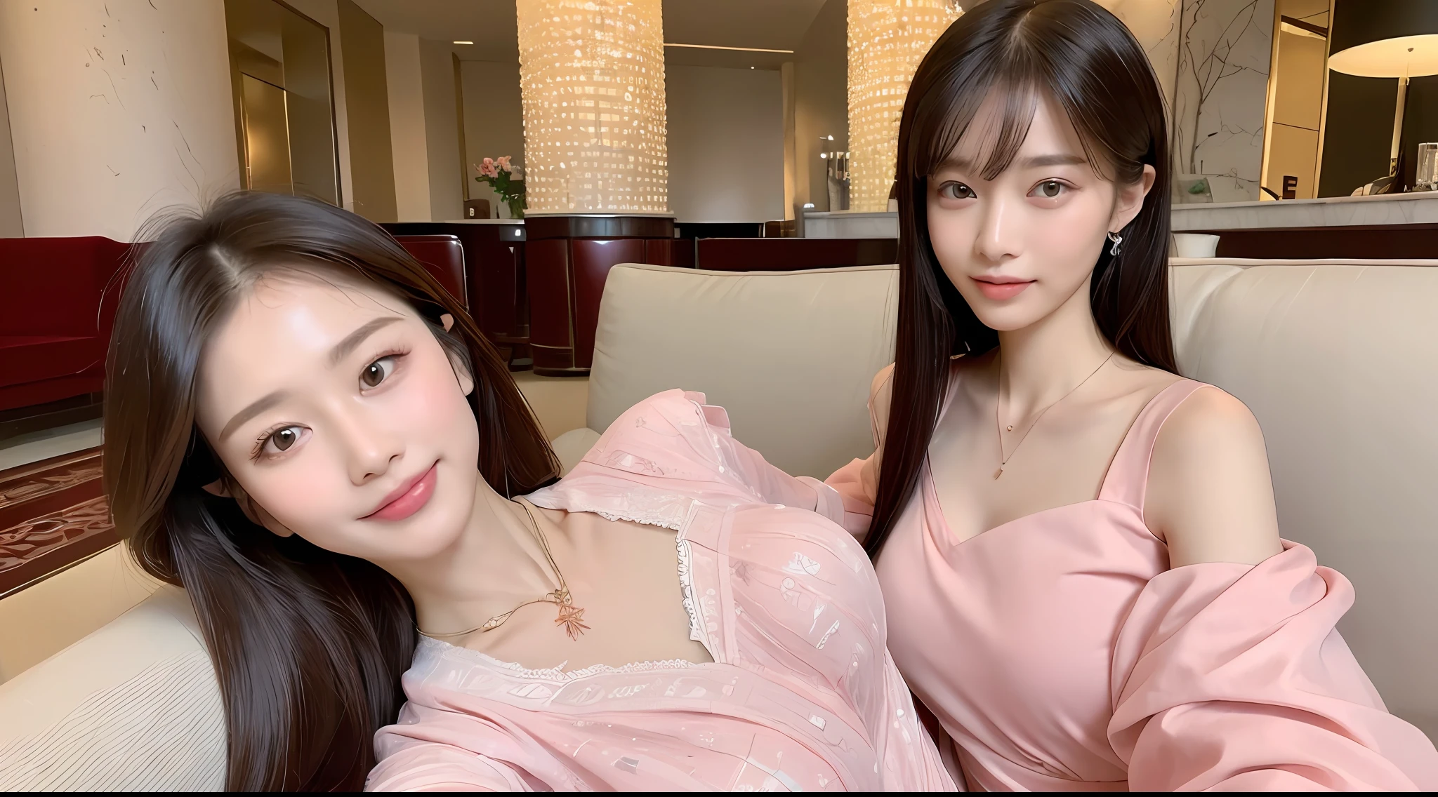 ((Best Quality, 8K, Masterpiece:1.3)), Focus:1.2, Perfect Body Beauty:1.4, ((Delicate Long Hair)), (Pink Ruili Clothes:1.1) ,(Hotel Lobby, 2 women on sofa, highly detailed face and skin texture, Fine eyes, Double eyelids, medium breasts, whitened skin, smile, wearing necklace, delicate clothes,