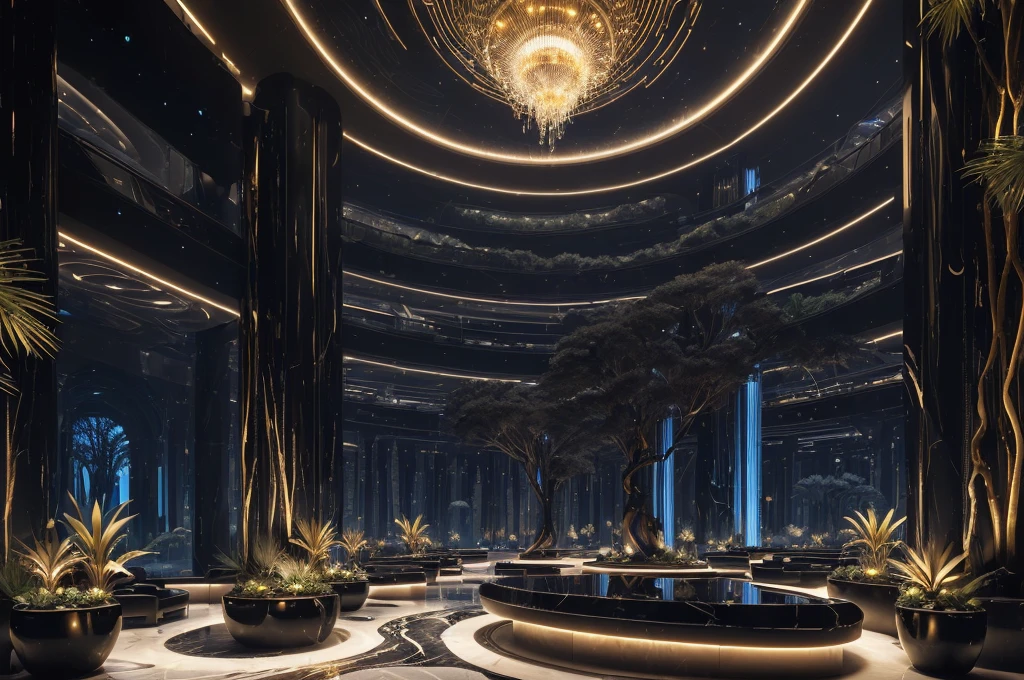 incredible black luxurious futuristic interior in Ancient Egyptian style with many ((lush plants)) (lotus flowers), ((palm trees)), ((african trees flowers and plants)), rocky walls, (egyptian hieroglyphs), ((sand)), ((waterfalls)) (marble), ((precious minerals)), ((metals)), (gemstones), crystals, clouds and (((water))), ((curvy futuristic furniture)), ((trees, flowers, plants made out of gemstones and precious minerals and lights)), crocodiles, (((ultra luxury))), (black marble) – with ((beautiful lights)), Unreal Engine, HQ, 16k
