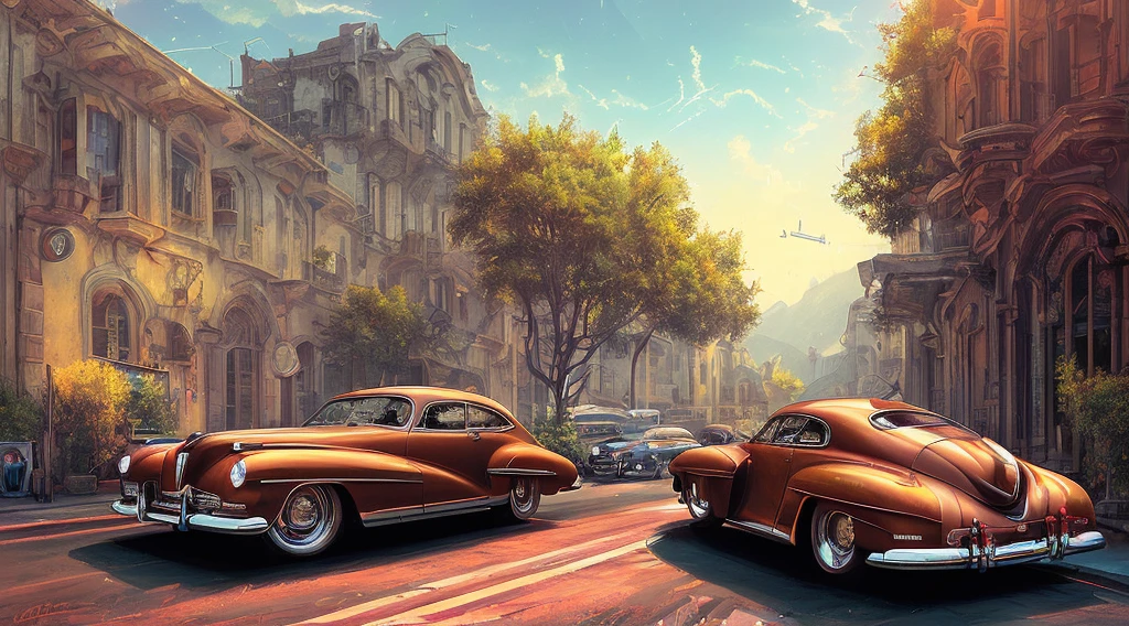 (masterpiece), (best quality), (magnificent art), Photorealist, 1car, (40's tuned Calhambeque with golden wheels and intricate details bordeaux red: 1.15), summer weather, wet asphalt, california mountains, dynamic pose, vivid colors, high contrast, warm and soft luminosity, (sparks: 0.7), Adobe Illustration, Trending on Artistation, hyper detailed, lighting by Don Casmurro