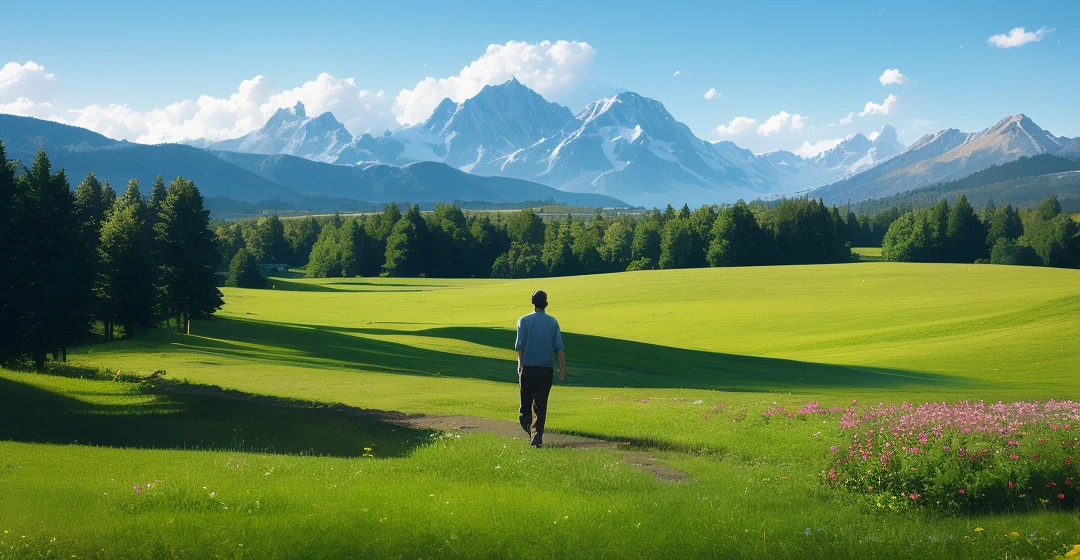 It is a scene description consisting of five elements, including a family of four, mountains in the distance, and verdant meadows. Here's my short description of this scenario:
On a verdant meadow, there is a family of four. They consist of fathers, mothers, sons and daughters. In the distance there is a mountain with green meadows stretching to the foot of the mountain. In this tranquil landscape, a young man can also be seen walking by.