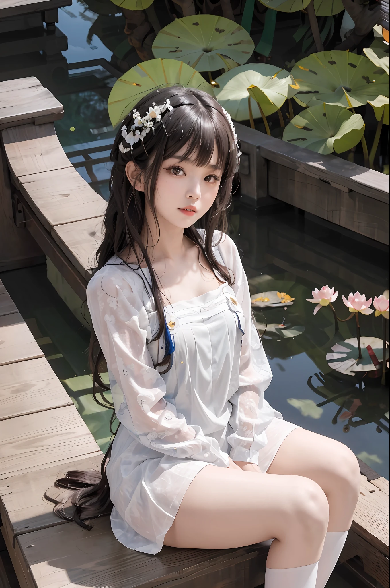 a woman in a white shirt and tan shorts crouching down on a wooden bench, asian girl, modeling photography, beautiful asian girl, anime thai girl, young asian girl, beautiful asian woman sitting, on a sunny day, attractive pose, a young asian woman, young asian woman, lotus floral crown girl, asian girl with long hair, sitting on the ground, chinese girl