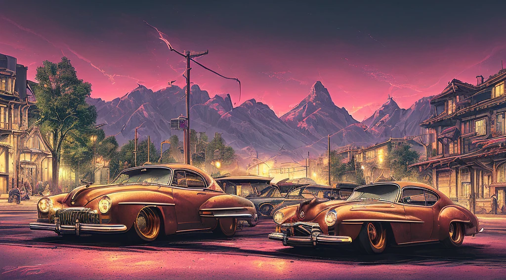 (masterpiece), (best quality), (magnificent art), Photorealist, 1car, (40's tuned Calhambeque with golden wheels and intricate details bordeaux red: 1.15), summer weather, wet asphalt, california mountains, dynamic pose, vivid colors, high contrast, warm and soft luminosity, (sparks: 0.7), Adobe Illustration, Trending on Artistation, hyper detailed, lighting by Don Casmurro