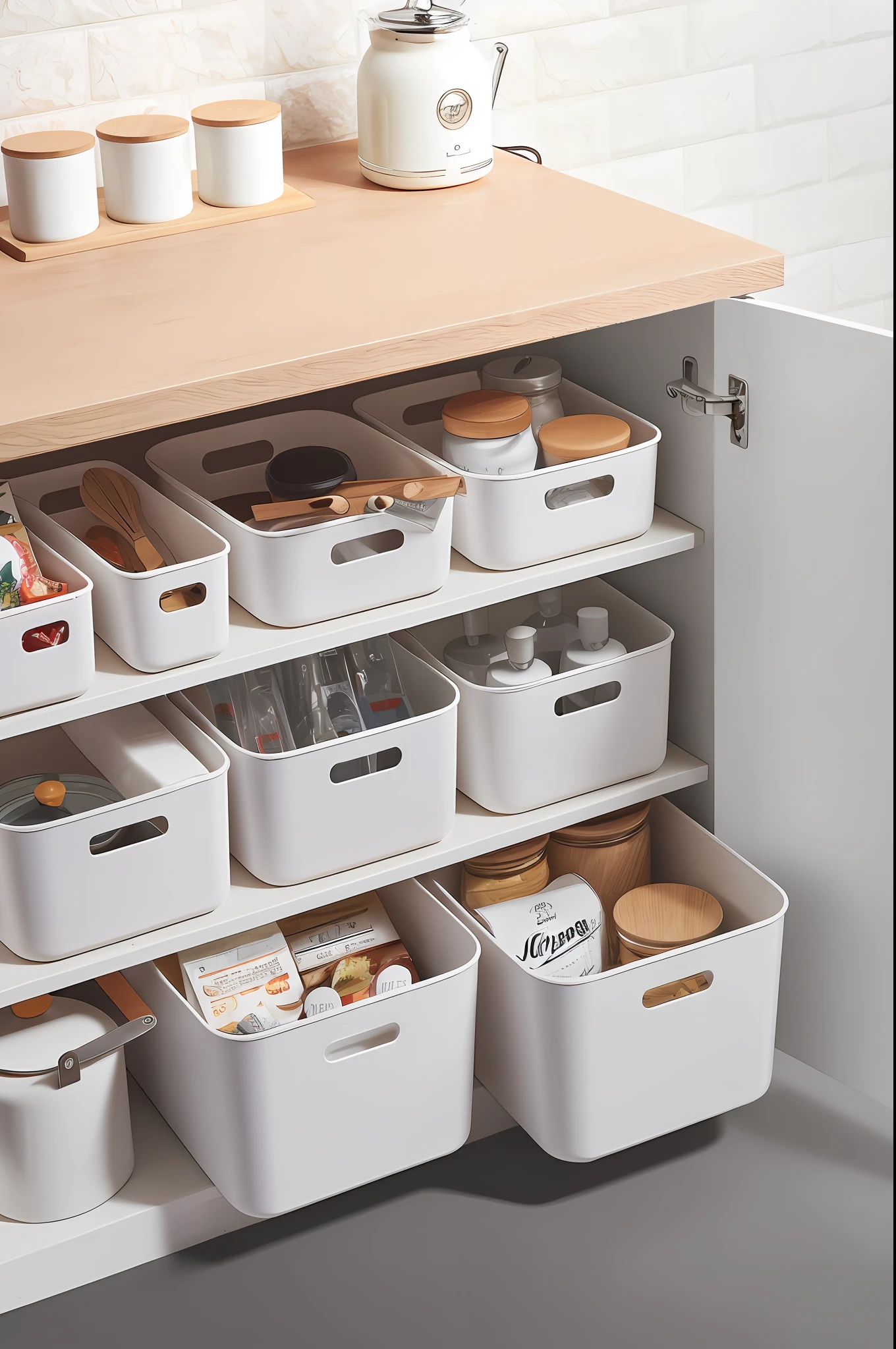 Kitchen cupboards with a lot of baskets and containers, neat, mixed art, everything in its place, cabinets, IKEA, crisp smooth and clean lines, large, medium and small, medium close-up, essence, curatorial collection, practicality, clean and orderly, organized, IKEA catalog photos, visual clarity, product photos, large jars on the shelf, bar warm color atmosphere