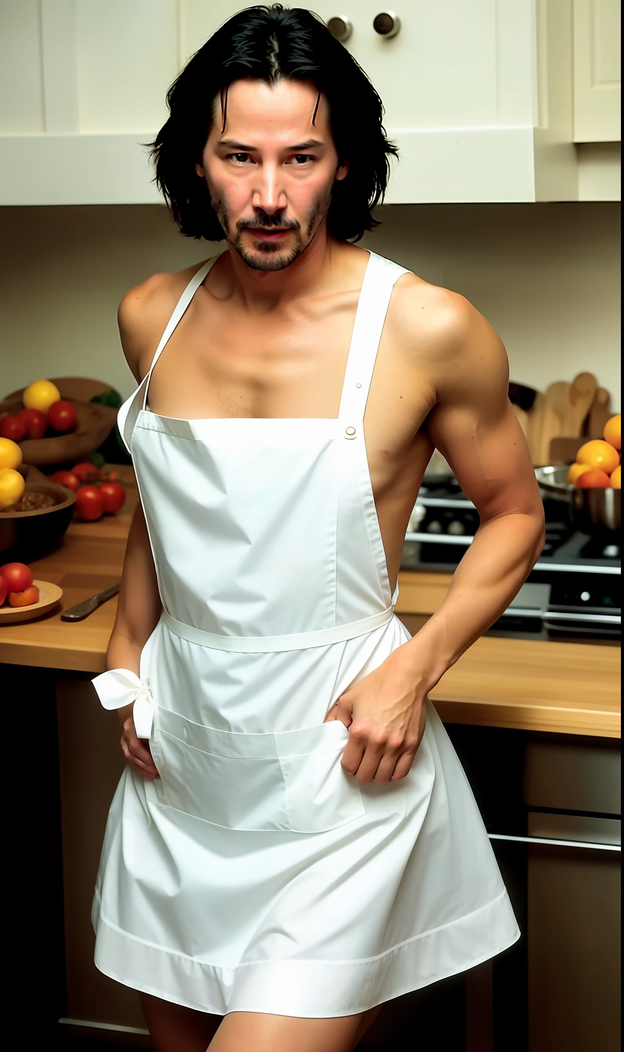 photo of Keanu Reeves as a playful maid, 1girl, apron, amazing body, pronounced feminine feature, busty, kitchen, flirting with camera