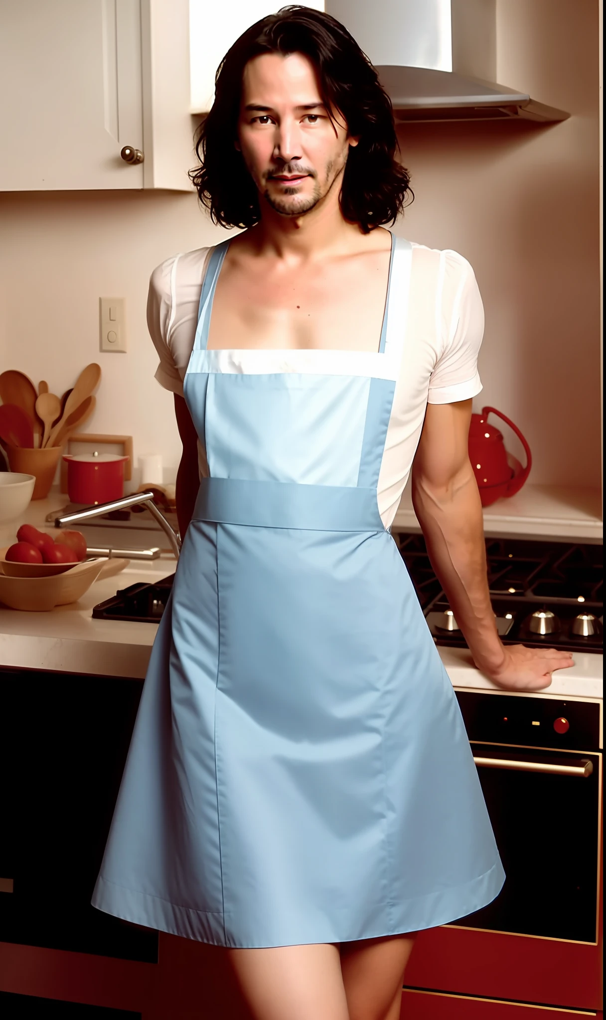 photo of Keanu Reeves as a playful maid, 1girl, apron, amazing body, pronounced feminine feature, busty, kitchen, flirting with camera