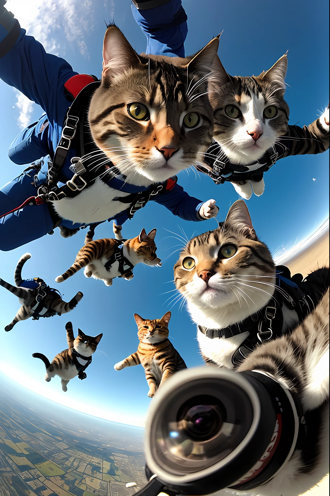 gopro footage of a group of badass cat skydiving, falling style of cats, wear skydiving suit, look at a camera, soft volumetric lights, detail cat hands, air,