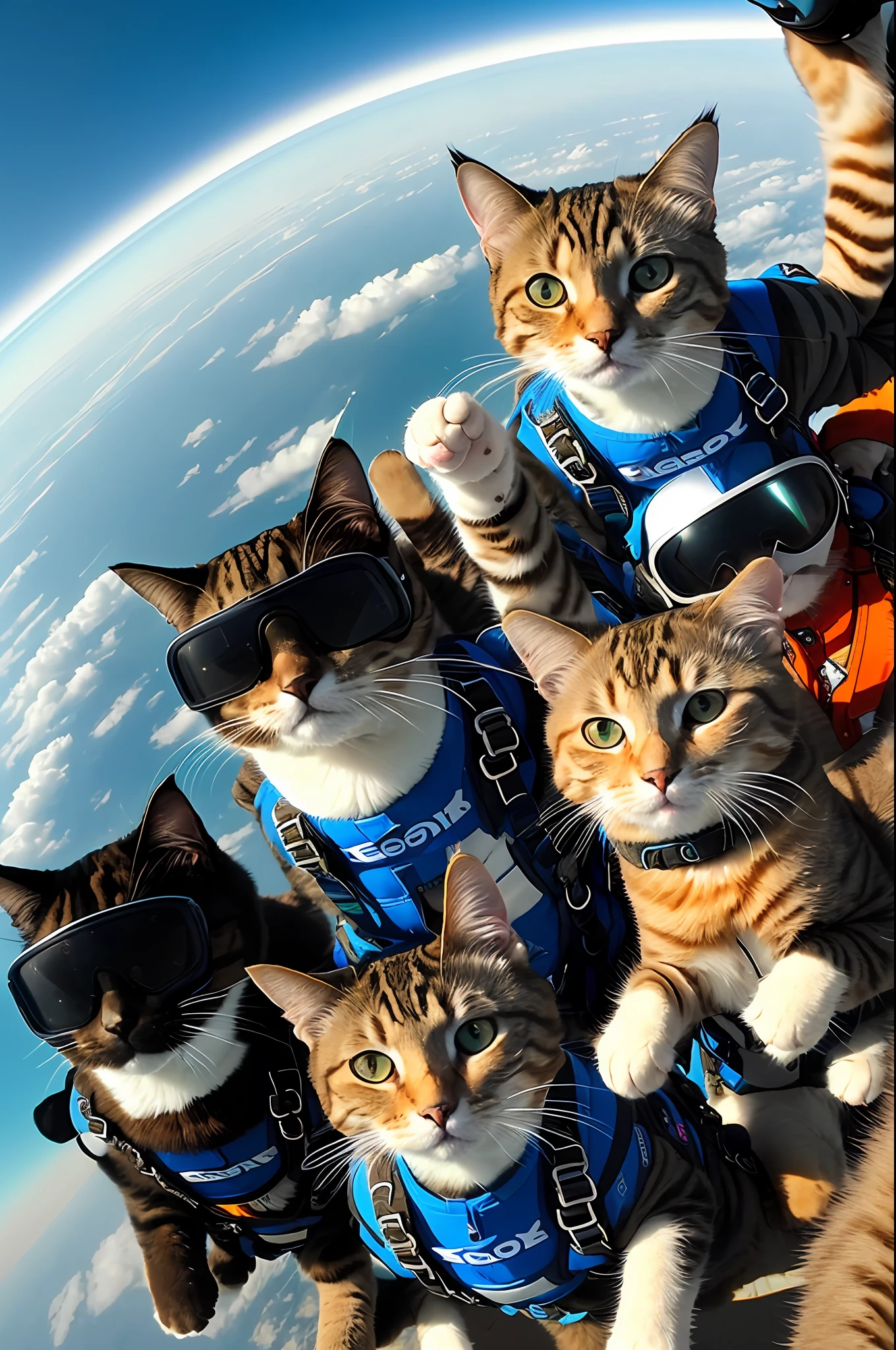 gopro footage of a group of badass cat skydiving, falling style of cats, wear skydiving suit, look at a camera, soft volumetric lights, detail cat hands, air,