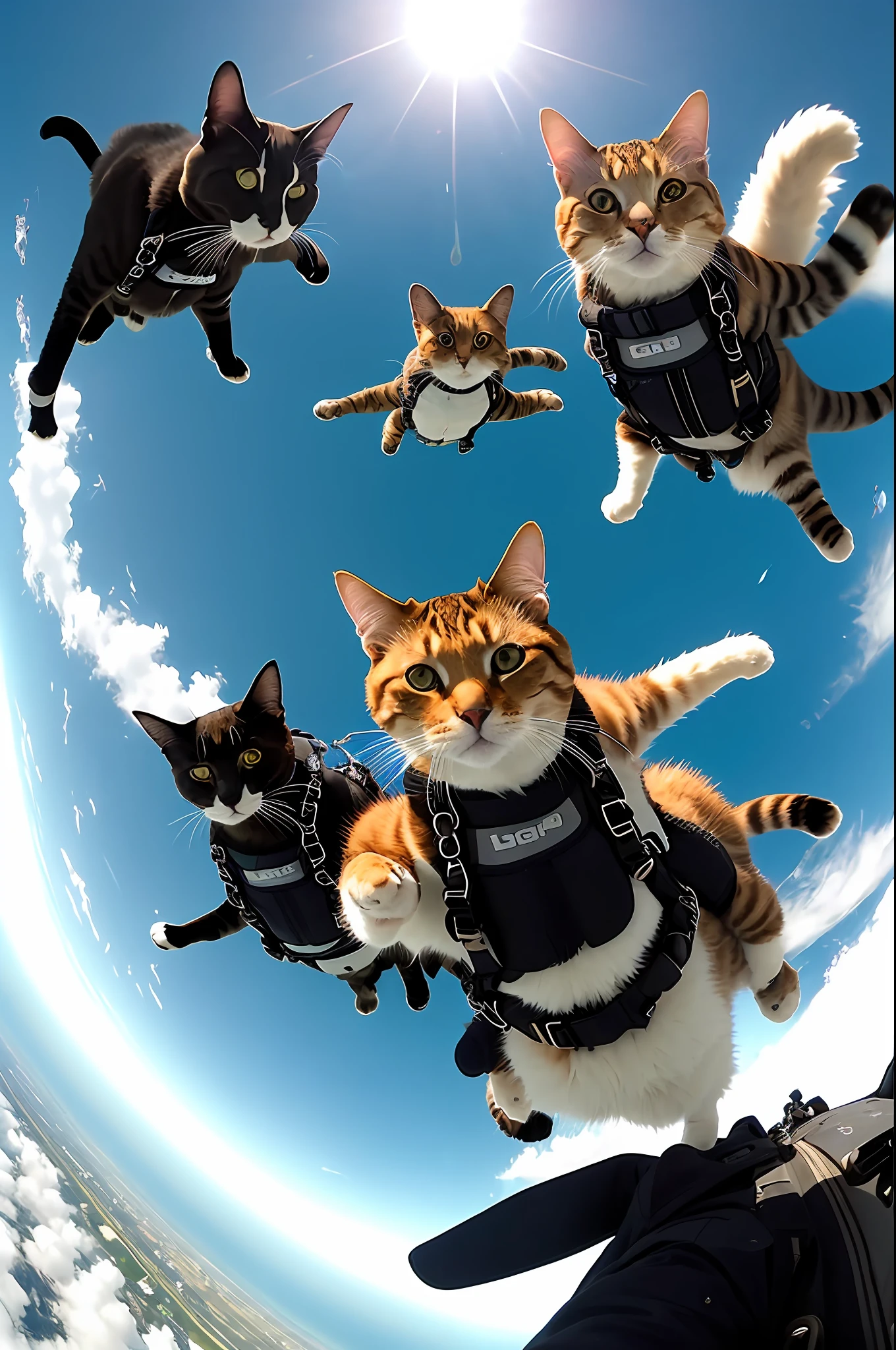 gopro footage of a group of badass cat skydiving, falling style of cats, wear skydiving suit, look at a camera, soft volumetric lights,