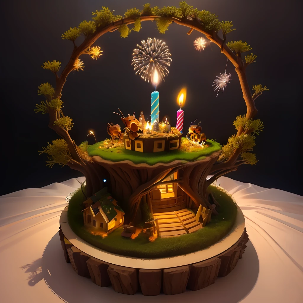 set up cute birthday anthill habitat, two candles and fireworks with a medium ant in fantasy habitat seen from above at a 45 degree angle🇧🇷