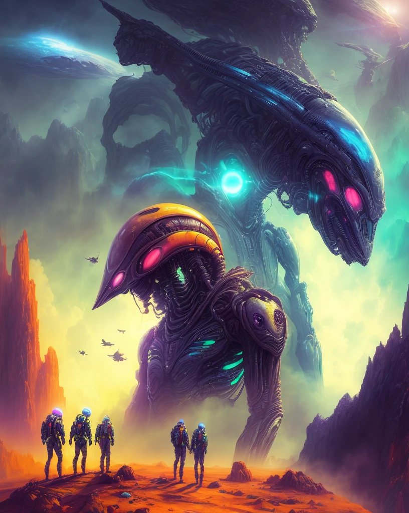 humans in techsuits,alien world,alien animals,alien landscape,bright colors,mist,backlight