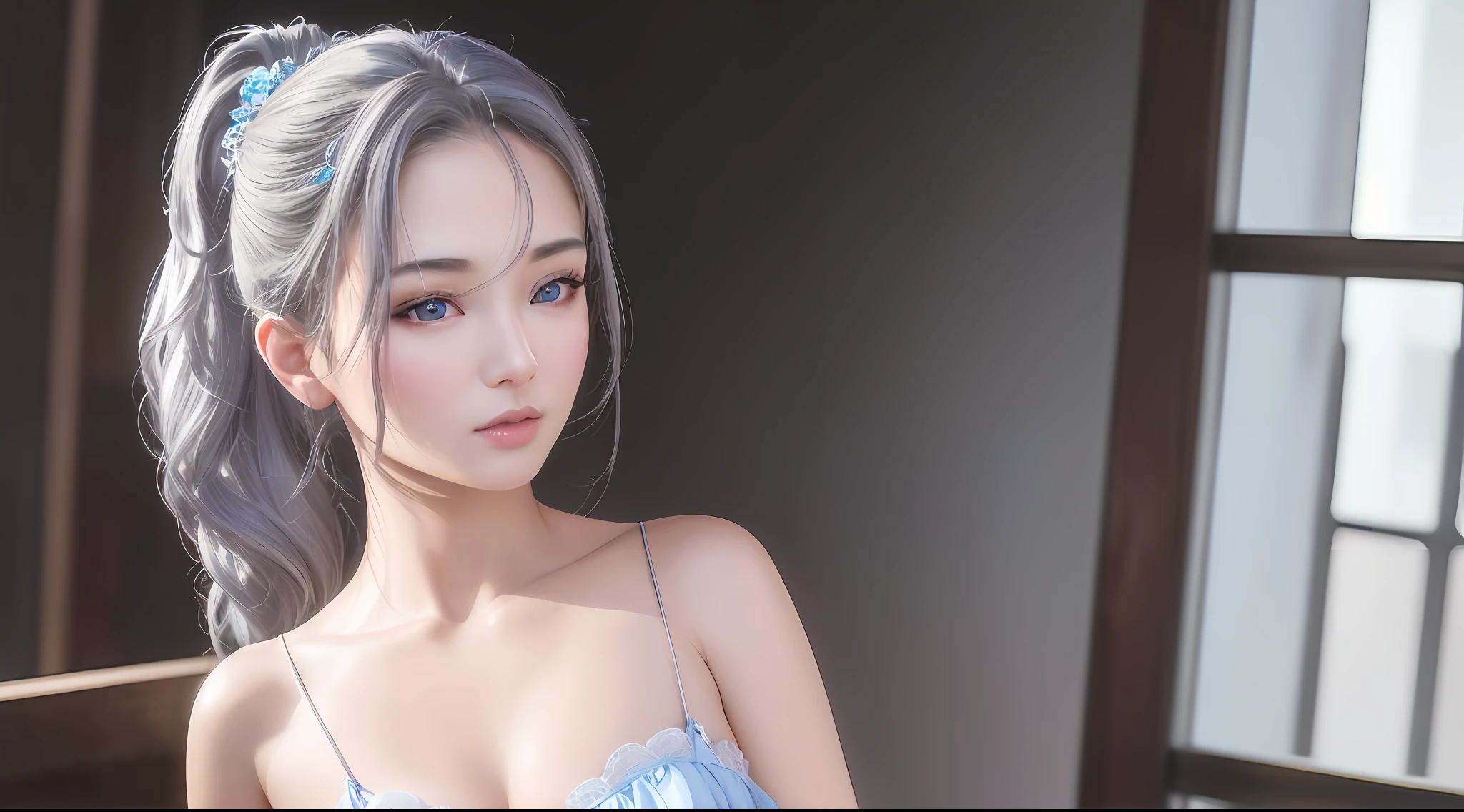 best quality, masterpiece, 1girl, Beautiful face, (photo realistic:1.4), (high detailed skin:1.3), 8k uhd, dslr, high quality, high resolution, 4k, 8k, absurdres, best ratio four finger and one thumb, (realistic:1.4), pretty korean lady, medium breasts, little lips, (blue eyes), (ash-grey hair), ponytail contorted,