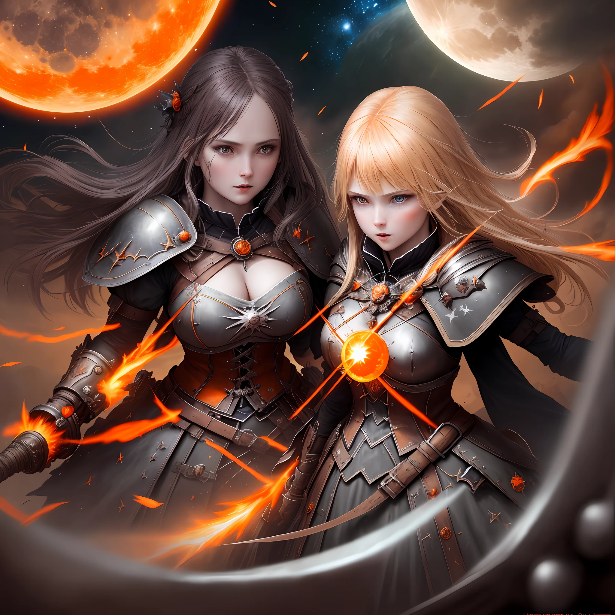 war, fantasy war, witches and worriers are attacking, hyper detail, 20mp resolution, sun is worrier side and moon is witches side, balance white and orange colour, rare colour painting, landscape