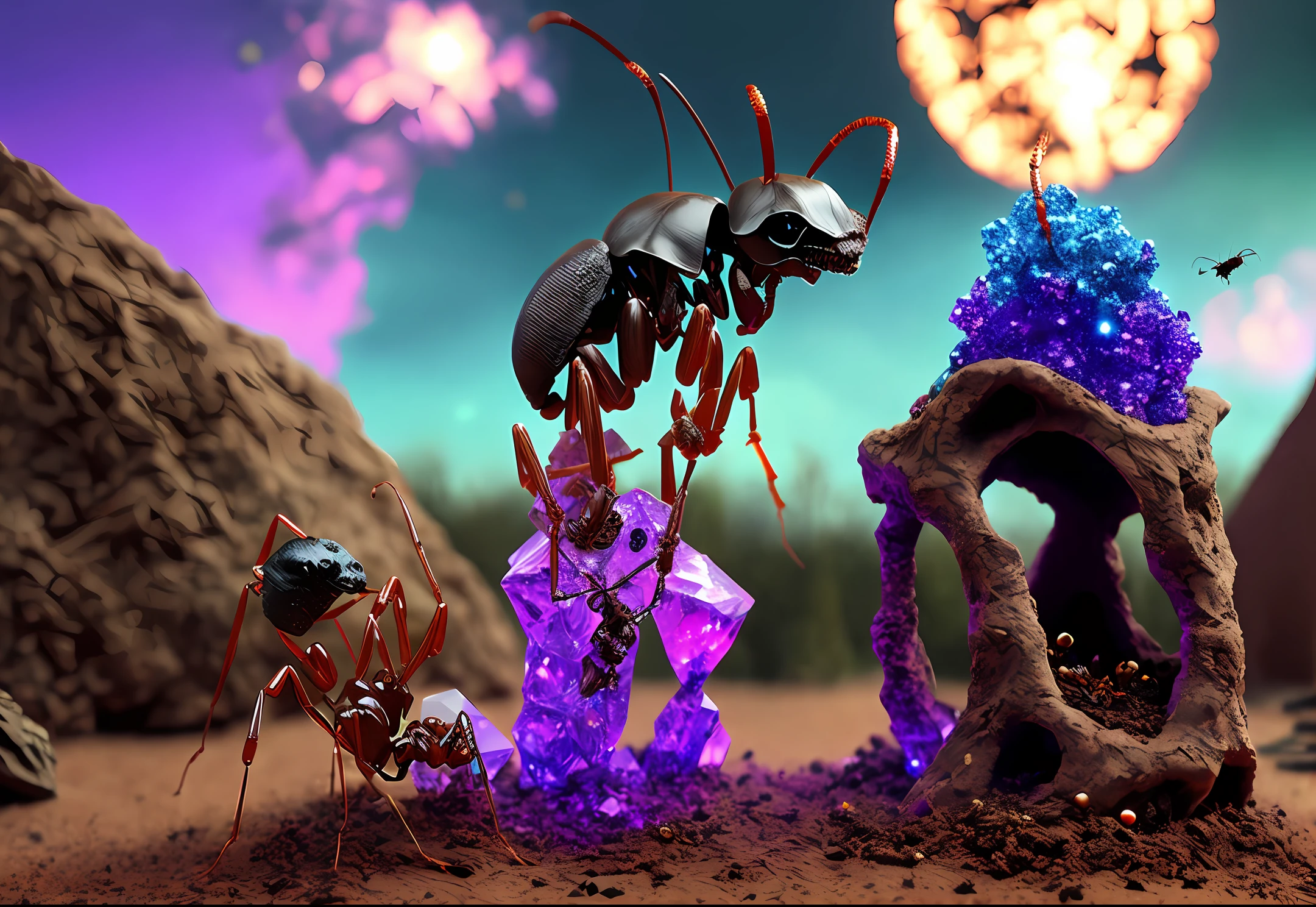 set a gloomy anthill, one tiger skull, flying red crickets, a rainbow in the sky and one small ant bone in a fantasy gloomy habitat viewed from above at a 45 degree set up fireworks with a medium ant in a fantasy habitats with sparkling violet crystals