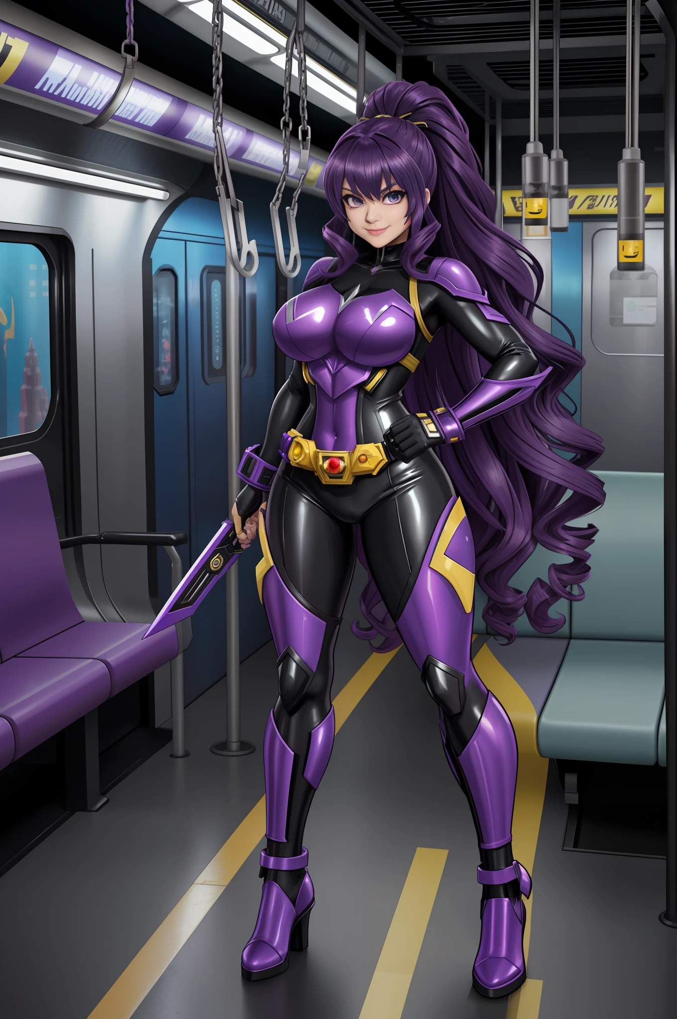 Image 16k, Unreal Engine 5, Disney/Anime style, Mortal Kombat/Kamen Rider Universe,, full body photo of a woman/Kamen Rider/Batman/Mega Man-x, she has long purple hair curly lizo, breasts1, huge, extremely tight clothing on the body, looking at the smiling viewer, holding futuristic weapons, on an empty subway train