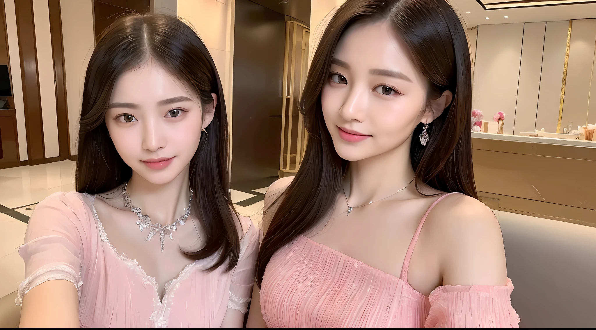 ((Best Quality, 8K, Masterpiece:1.3)), Focus:1.2, Perfect Body Beauty:1.4, ((Delicate Long Hair)), (Pink Ruili Clothes:1.1) ,(Hotel Lobby, 2 women on sofa, highly detailed facial and skin texture, Fine eyes, Double eyelids, Big breasts, Whitened skin, Smile, wearing necklace, delicate clothes,