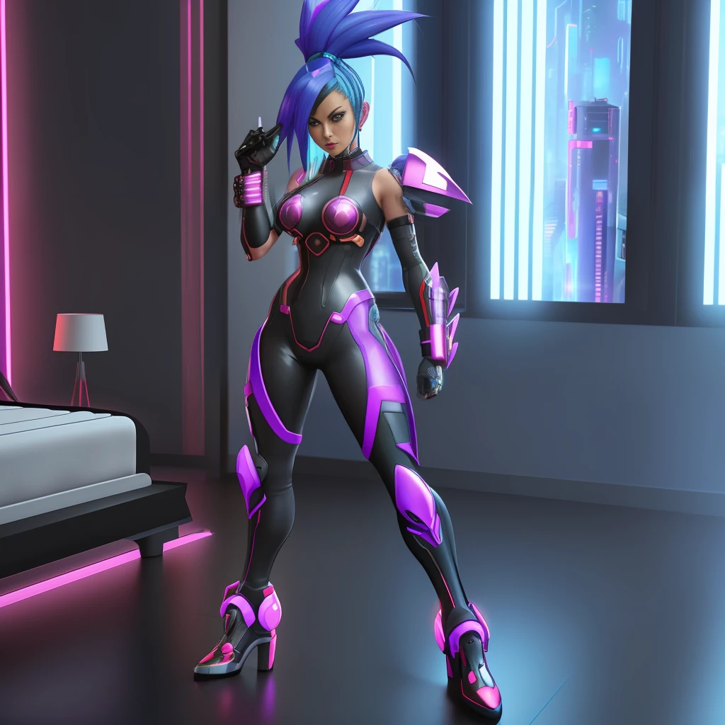 (Full body image of a woman/Kamen Rider/Mega Man-x/Cyberpunk), in a brothel in front of a bed, blue mohawk hair, staring at the viewer/grimacing with her tongue/holding futuristic weapons. Image with Max quality/resolution/sharpness/detail, Unreal Engine 5/Mortal Kombat, Cartoon/Anime style,