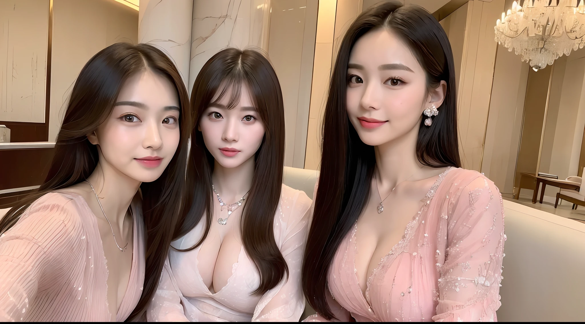 ((Best Quality, 8K, Masterpiece:1.3)), Focus:1.2, Perfect Body Beauty:1.4, ((Delicate Long Hair)), (Pink Ruili Clothes:1.1) ,(Hotel Lobby, 2 women on sofa, highly detailed facial and skin texture, Fine eyes, Double eyelids, Big breasts, Whitened skin, Smile, wearing necklace, delicate clothes,