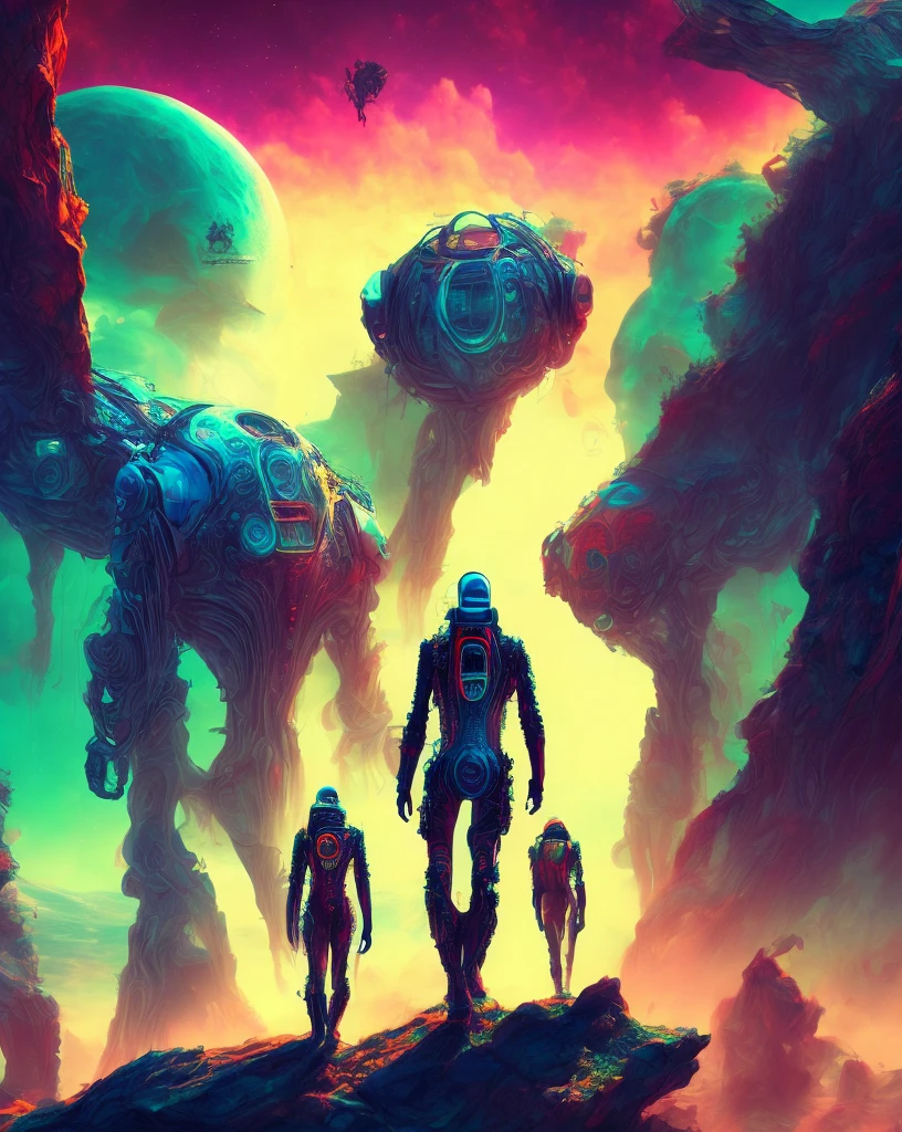 humans in techsuits,alien world,alien landscape,bright colors,mist,backlight