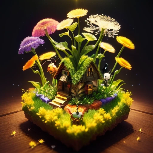 set up a cute birthday anthill habitat, two candles, flying dandelions, a rainbow in the sky, and one with a little ant in a fantasy habitat seen from above at a 45 degree angle