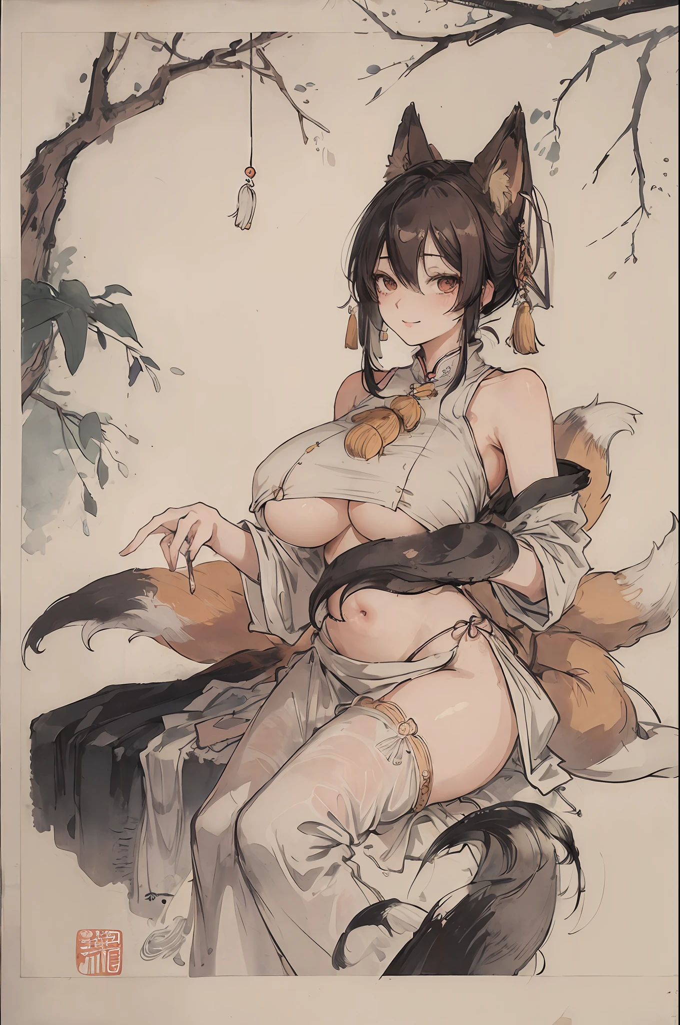 (masterpiece, best quality: 1.2), traditional Chinese ink painting, A cute 20 year old sexy women with gigantic breasts and lace skirt, sexy white lace , Oversized dress :1.5, Couch, Ultra-detailed face, Detailed eyes, Double eyelid, sfw:1.5 , evil smile:1.4 ,emphasizing slender abs :1.3, (underboob:1.5), (fox tail:1.5)