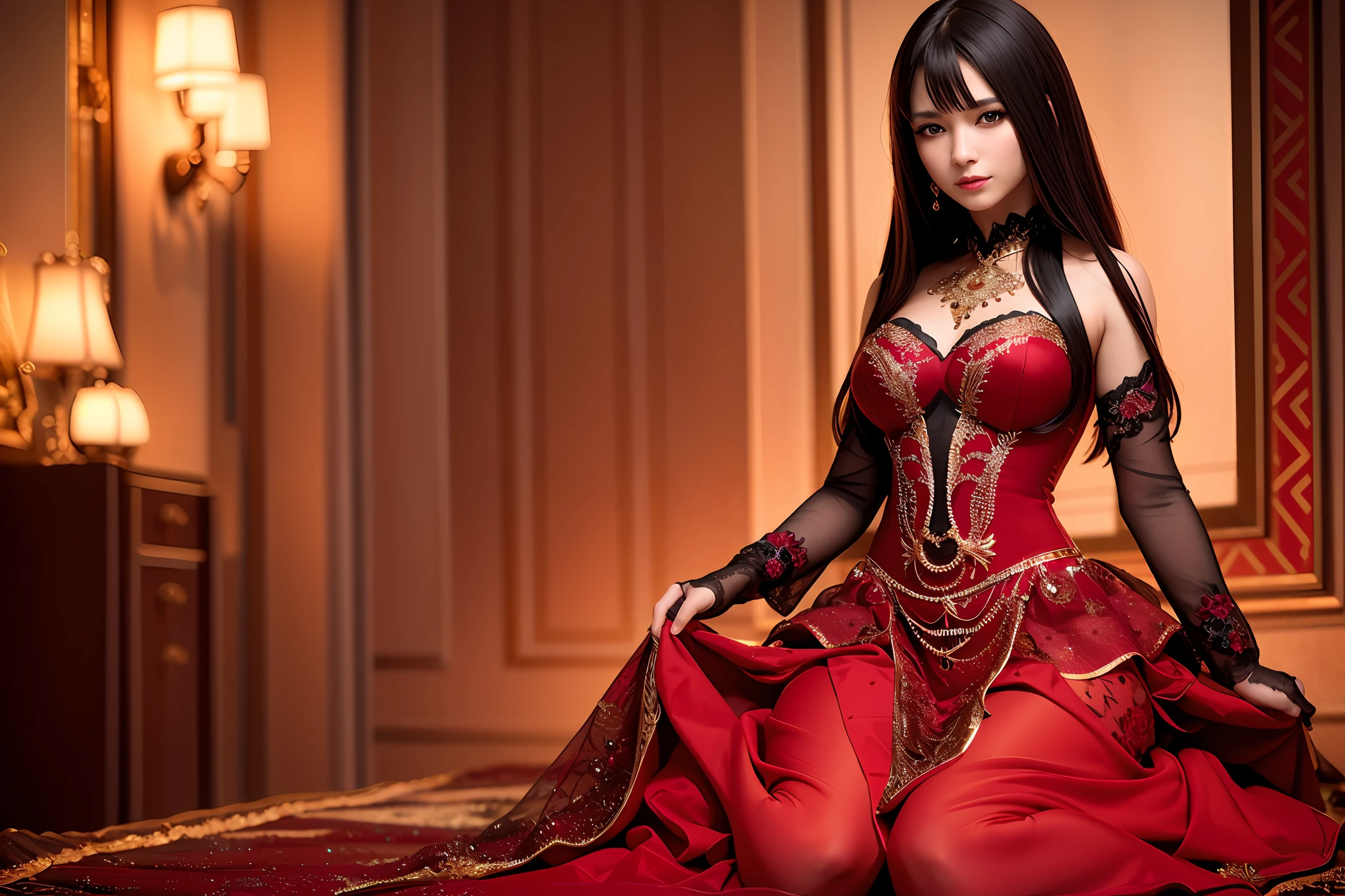 The most beautiful in the world, realistic charismatic, 8k UHD, detailed skin, high resolution, detailed face, detailed body, dark light background, details shape with beautiful red dresses, full body photo