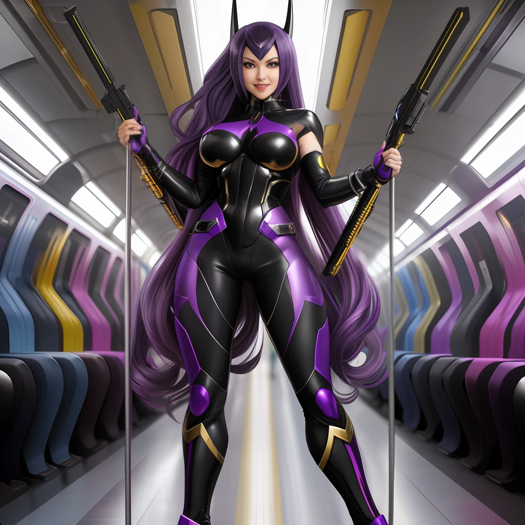 Full body 16k image of a woman/Kamen Rider/Batman/Mega Man-x.Unreal Engine 5, Disney/Anime style, Mortal Kombat Universe/Kamen Rider, she has long purple hair curly lizo, breasts1, huge, extremely tight clothing on the body, looking at the smiling viewer, holding futuristic weapons, on an empty subway train