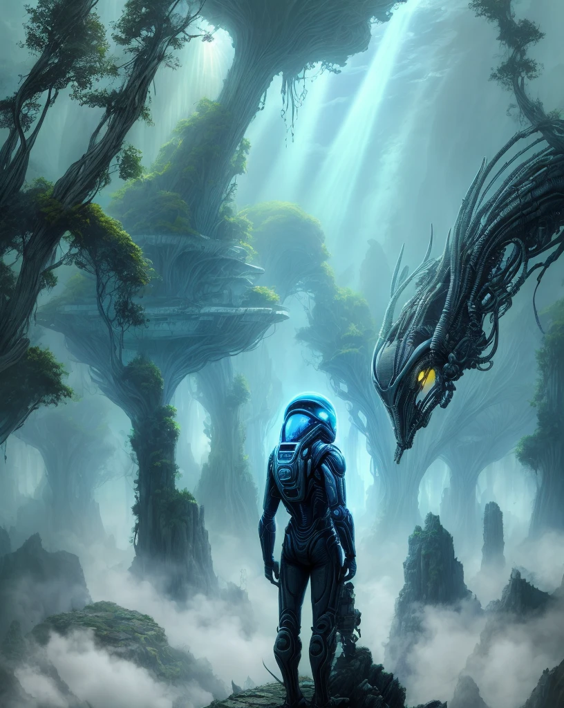 humans in techsuits,alien world,alien animals,alien ruins,bright colors,mist,backlight