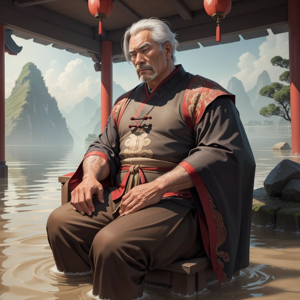 A middle-aged man with a solemn and majestic demeanor in ancient China sat down on the shore and looked at the flood with a sad expression
