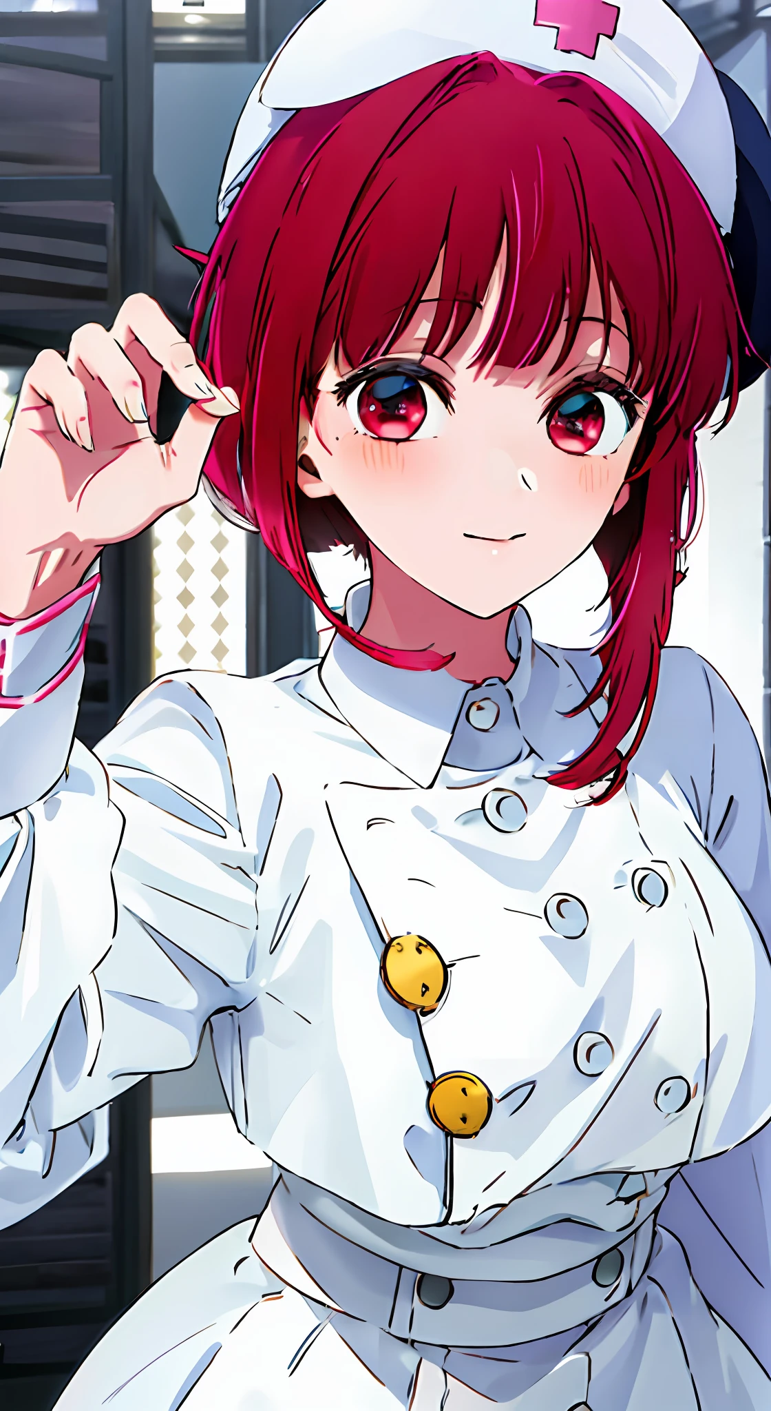 1girl, solo, nurse outfit , bangs,happy,posing, multicolored hair, Arima Kana, hat, white headwear, beret, (masterpiece:1.2), highres, best quality, 8k, nursery office, nurse outfit, nurse supplies,
