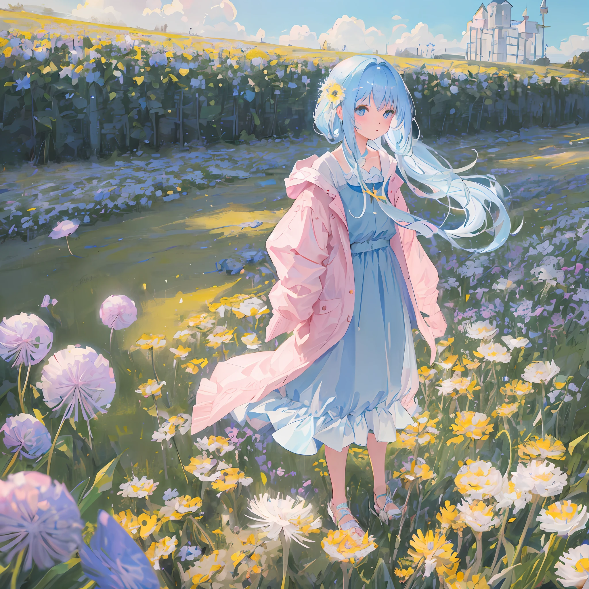 Masterpiece, best quality, a girl with long light blue hair, soft pink clothes, looking at a girl that is standing far far away from her in a dandelion flower field