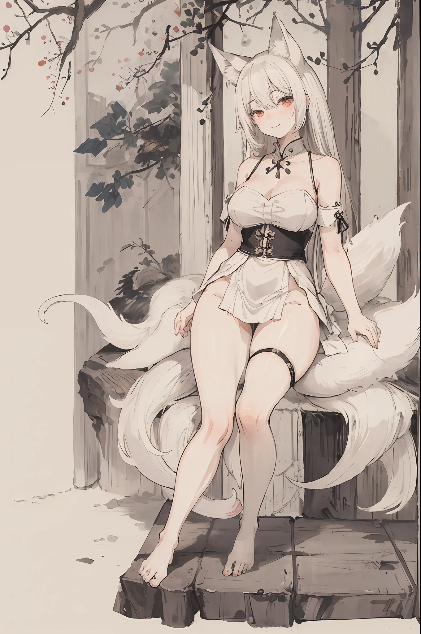 (masterpiece, best quality: 1.2), traditional Chinese ink painting, A cute 20 year old sexy women with big breasts and lace skirt, sexy white lace , Oversized dress :1.5, Couch, Ultra-detailed face, Detailed eyes, Double eyelid, sfw:1.5 , evil smile:1.4 ,emphasizing slender abs :1.3, (upskirt:1.5), (long white fox tail:1.5)
