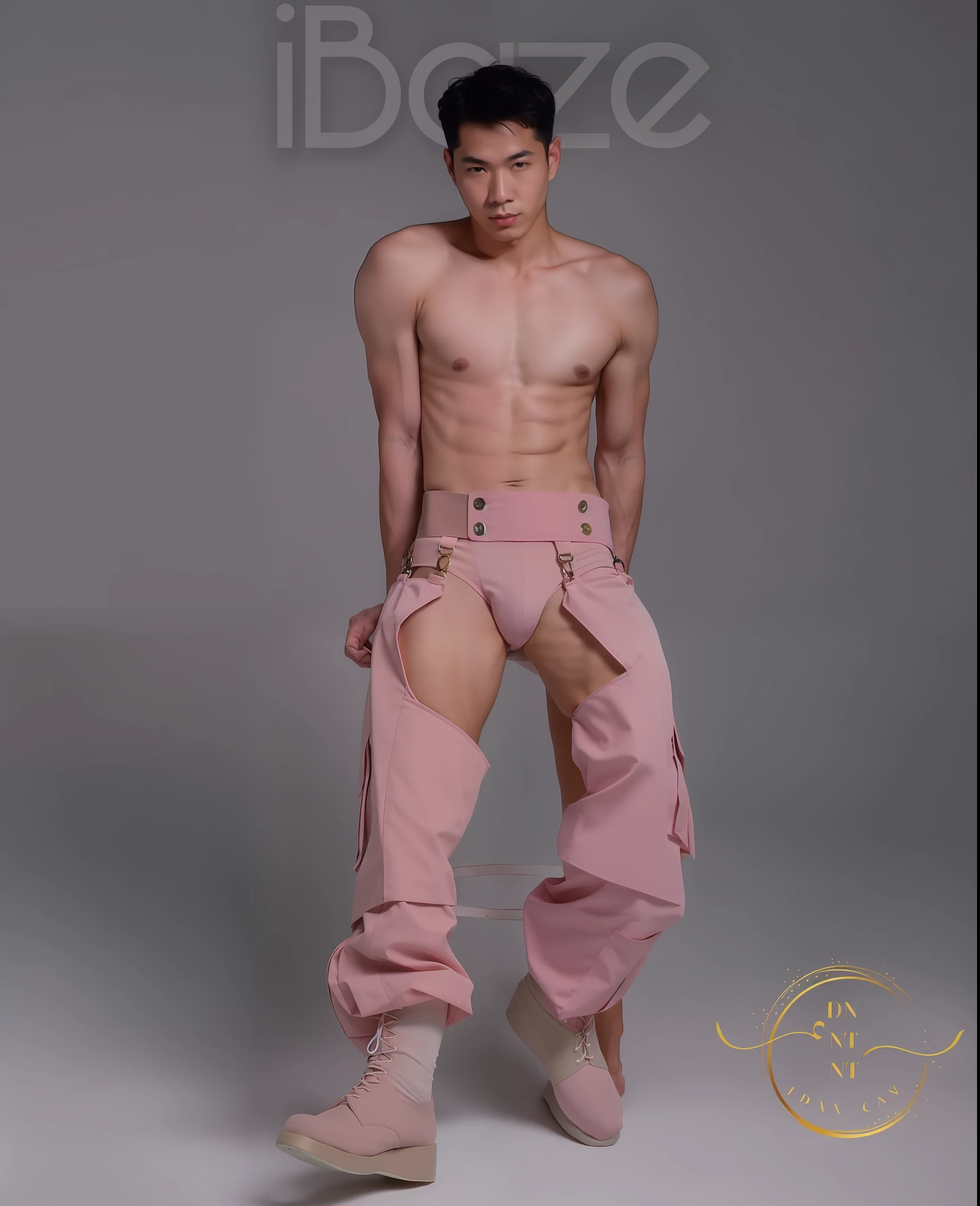 arafed man in pink pants posing for a picture, loincloth, inspired by David Diao, wearing loincloth, pink body harness, breeches, inspired by Adam Dario Keel, inspired by Russell Dongjun Lu, id magazine, inspired by Ding Yunpeng, inspired by Xia Yong, inspired by Chang Dai-chien, an epic non - binary model