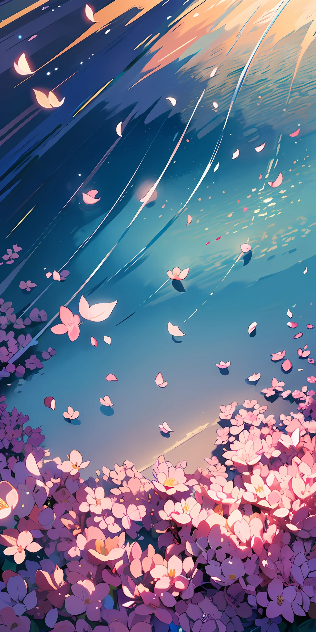Masterpiece, best quality, (very detailed CG unity 8k wallpaper) (best quality), (best illustration), (best shadows) Nature', blue sea,delicate leaves petals of various colors falling in the air light Tracking, super detailed --v6